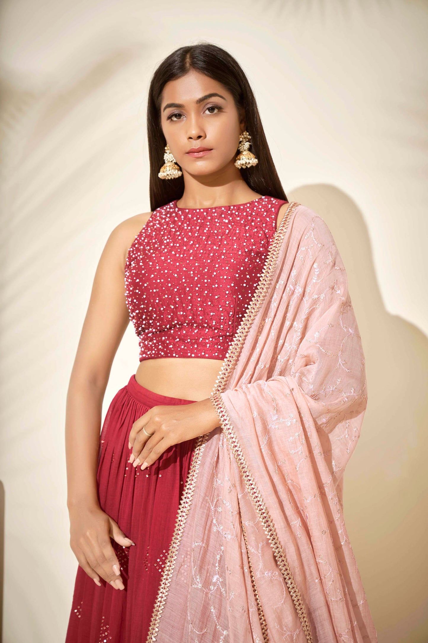 Cherry Red Embroidered Lehenga Set