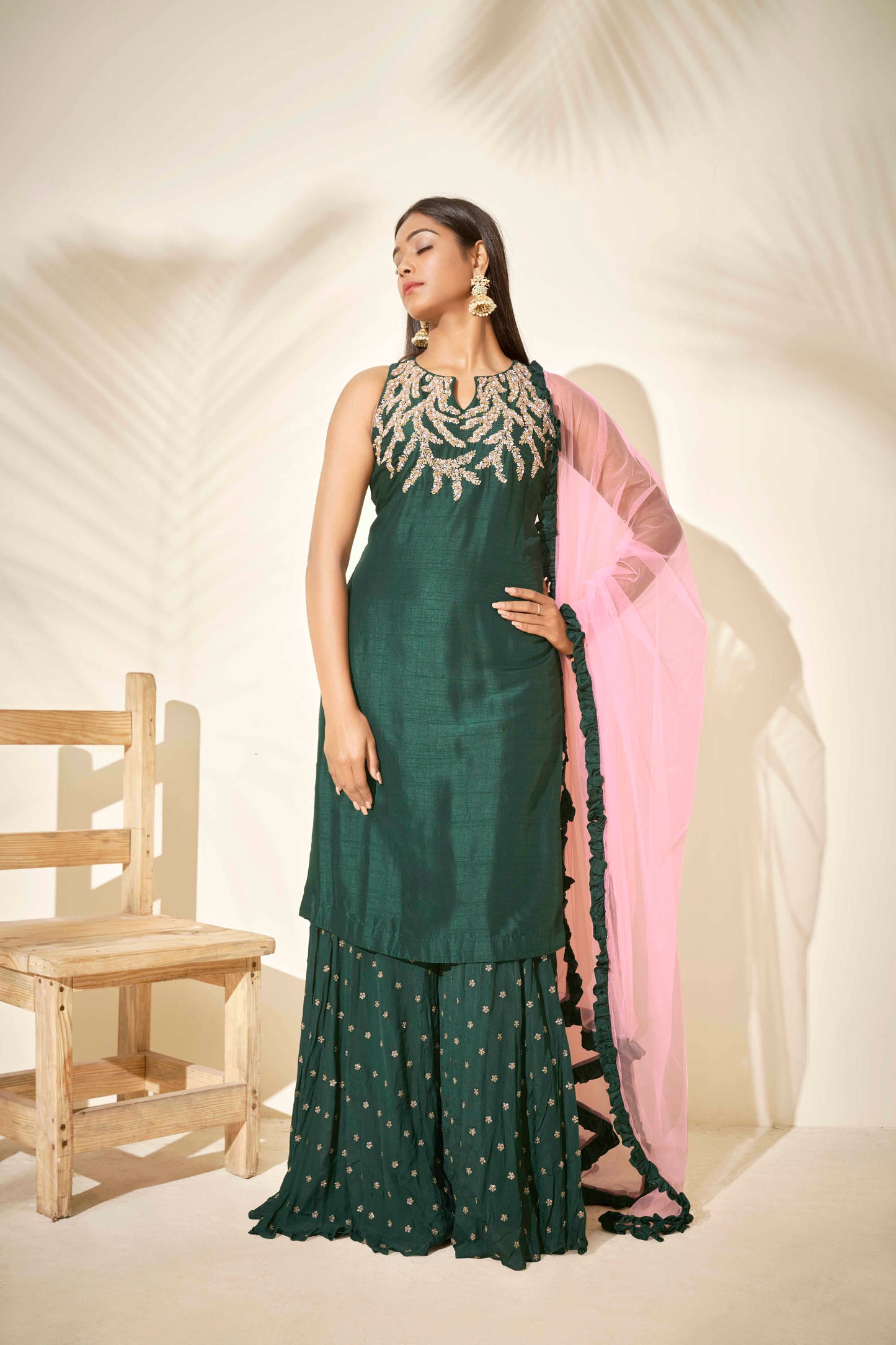 Bottle Green Embroidered Flared Sharara Set