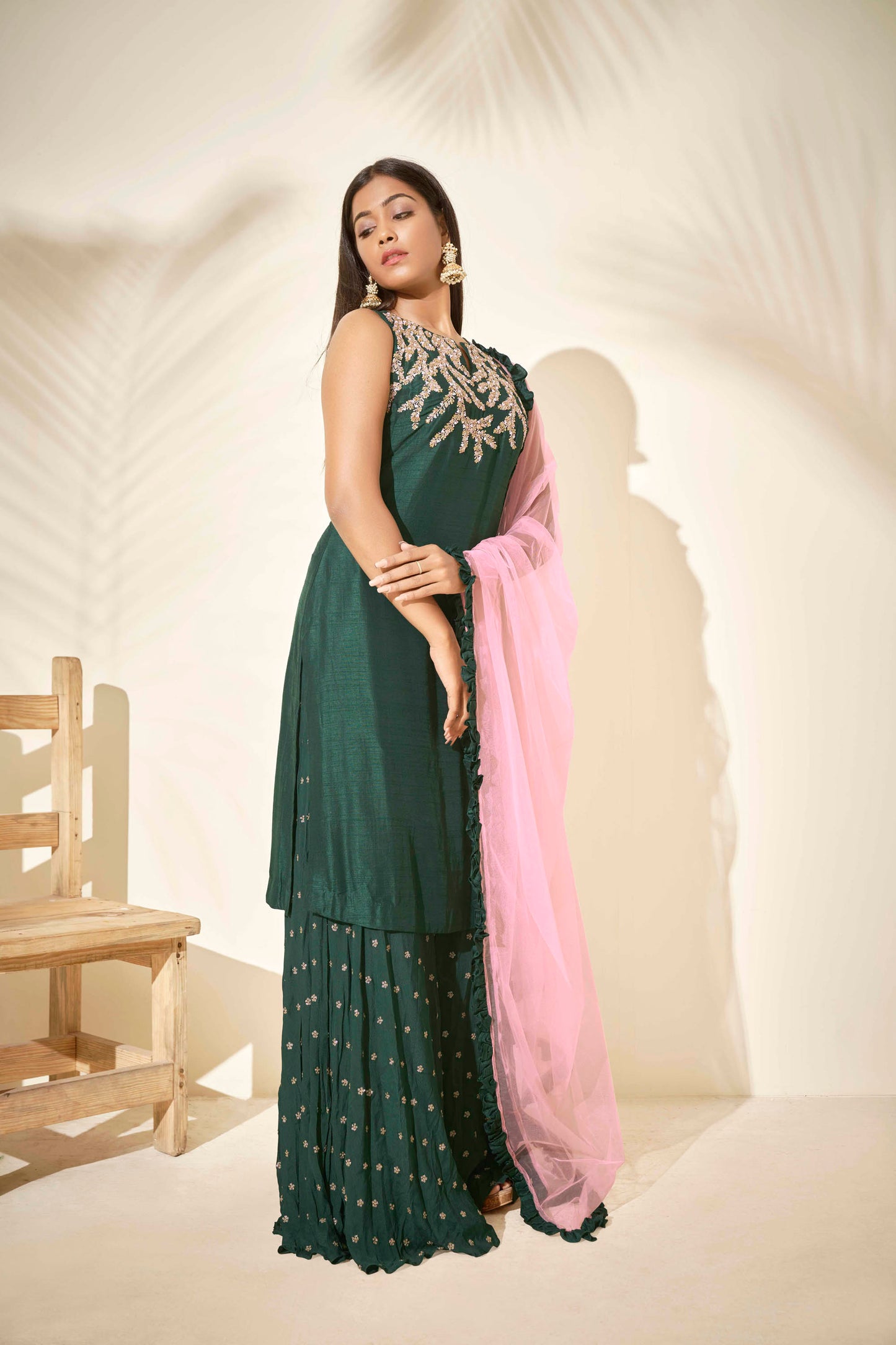 Bottle Green Embroidered Flared Sharara Set