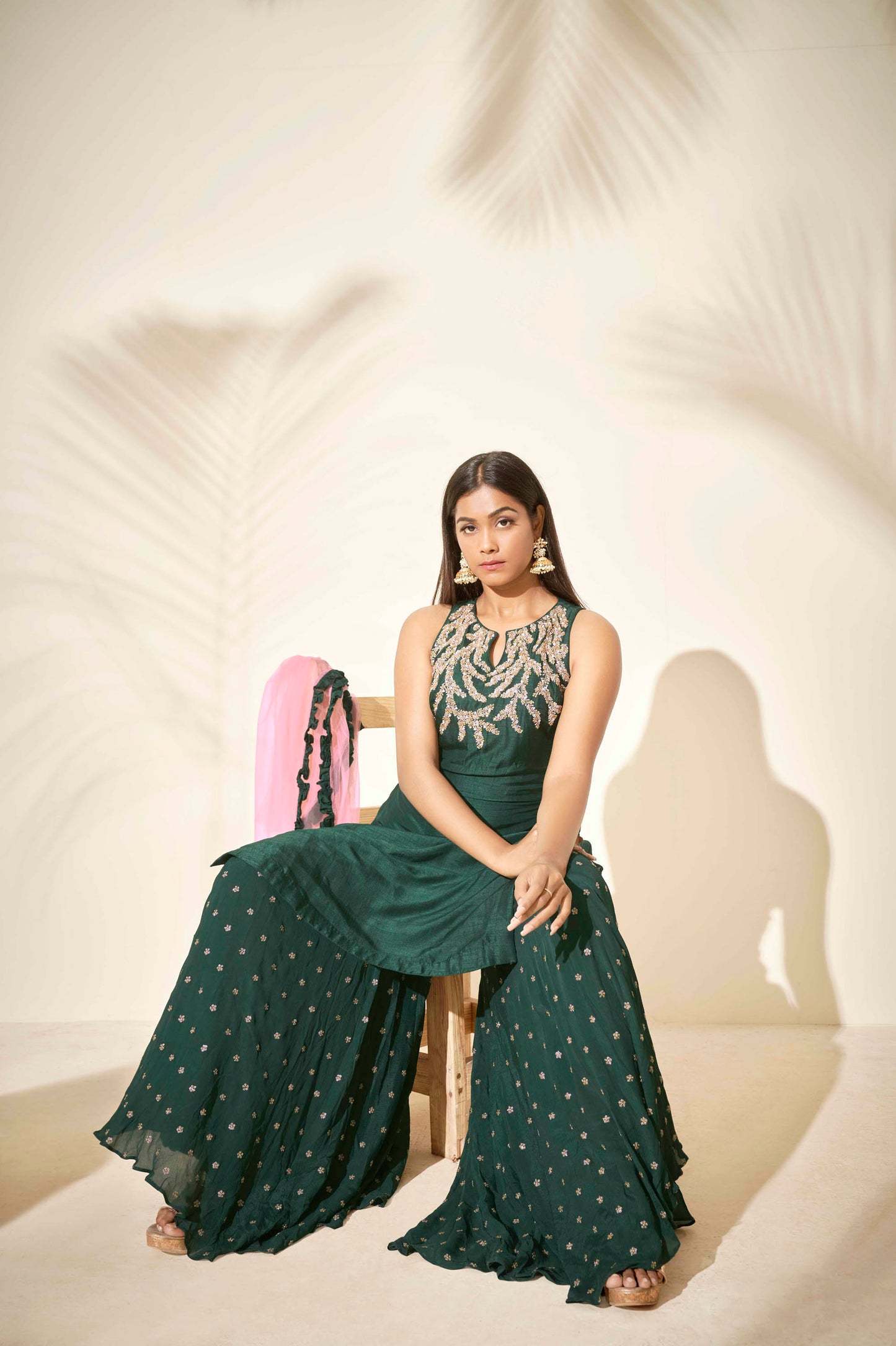 Bottle Green Embroidered Flared Sharara Set