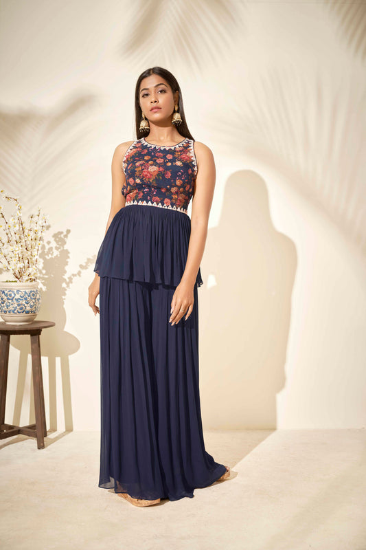 Navy Blue Georgette Pant Set