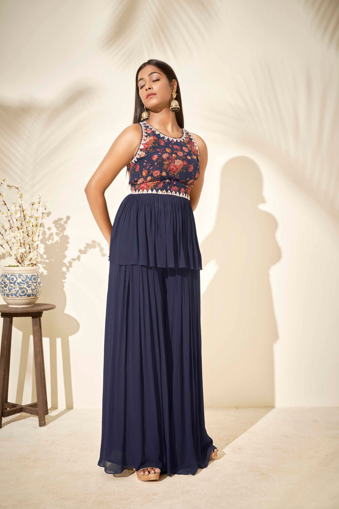 Navy Blue Georgette Pant Set