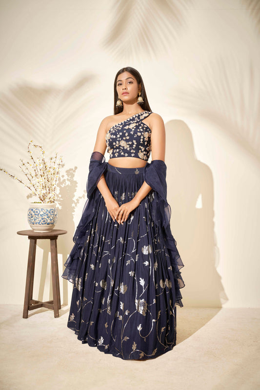 Navy Blue Zardosi Hand Embroidered Lehenga