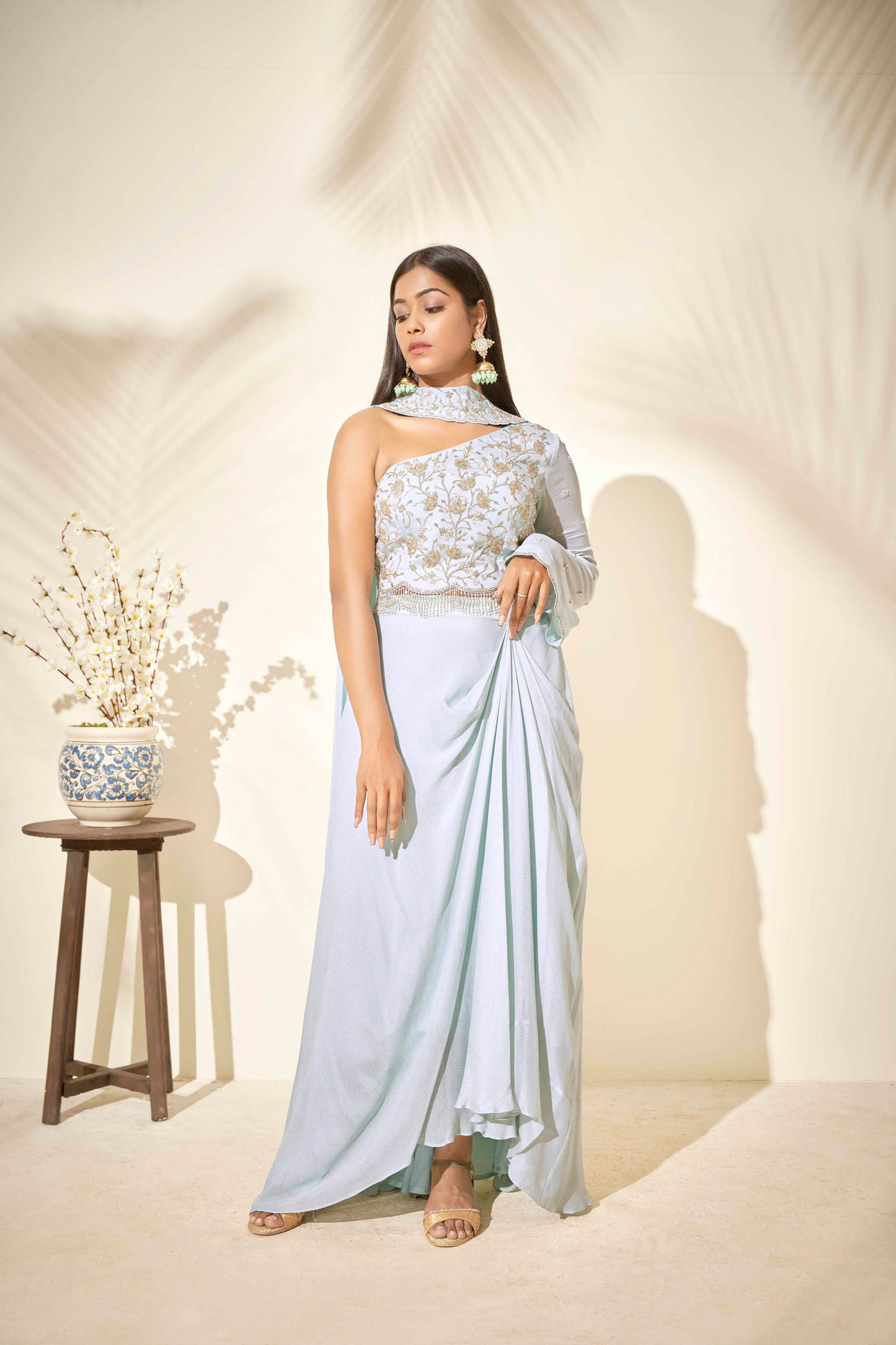 Ice Blue Georgette Crepe Draped Skirt Set