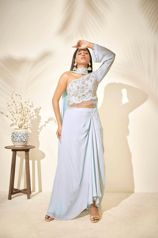 Ice Blue Georgette Crepe Draped Skirt Set