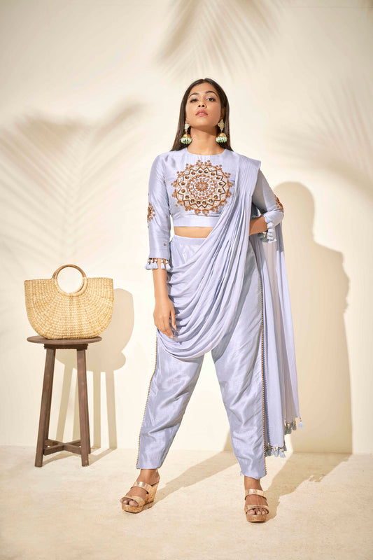 Light Blue Cowl Pre-Draped Pant Saree Set