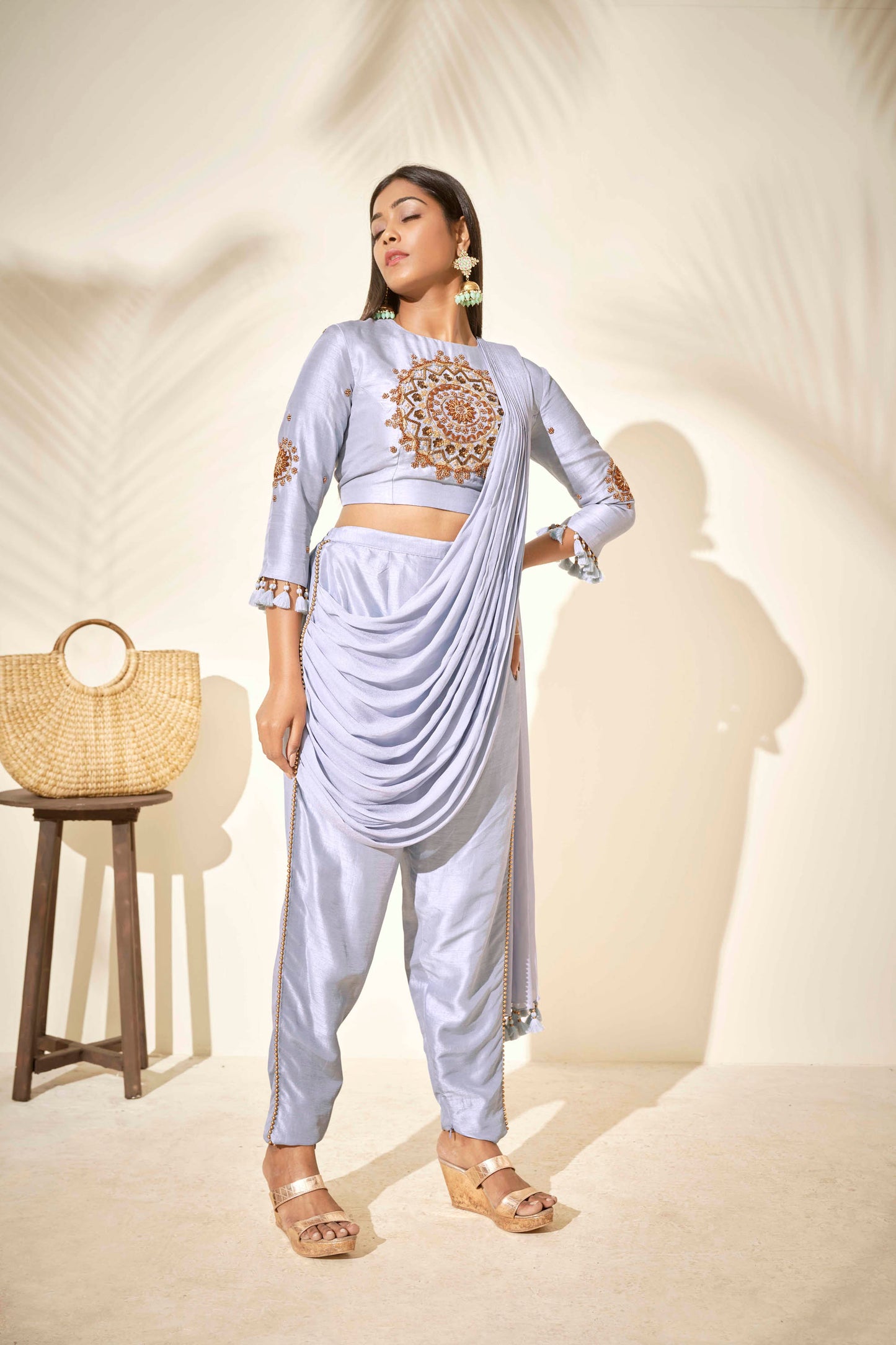 Light Blue Cowl Pre-Draped Pant Saree Set