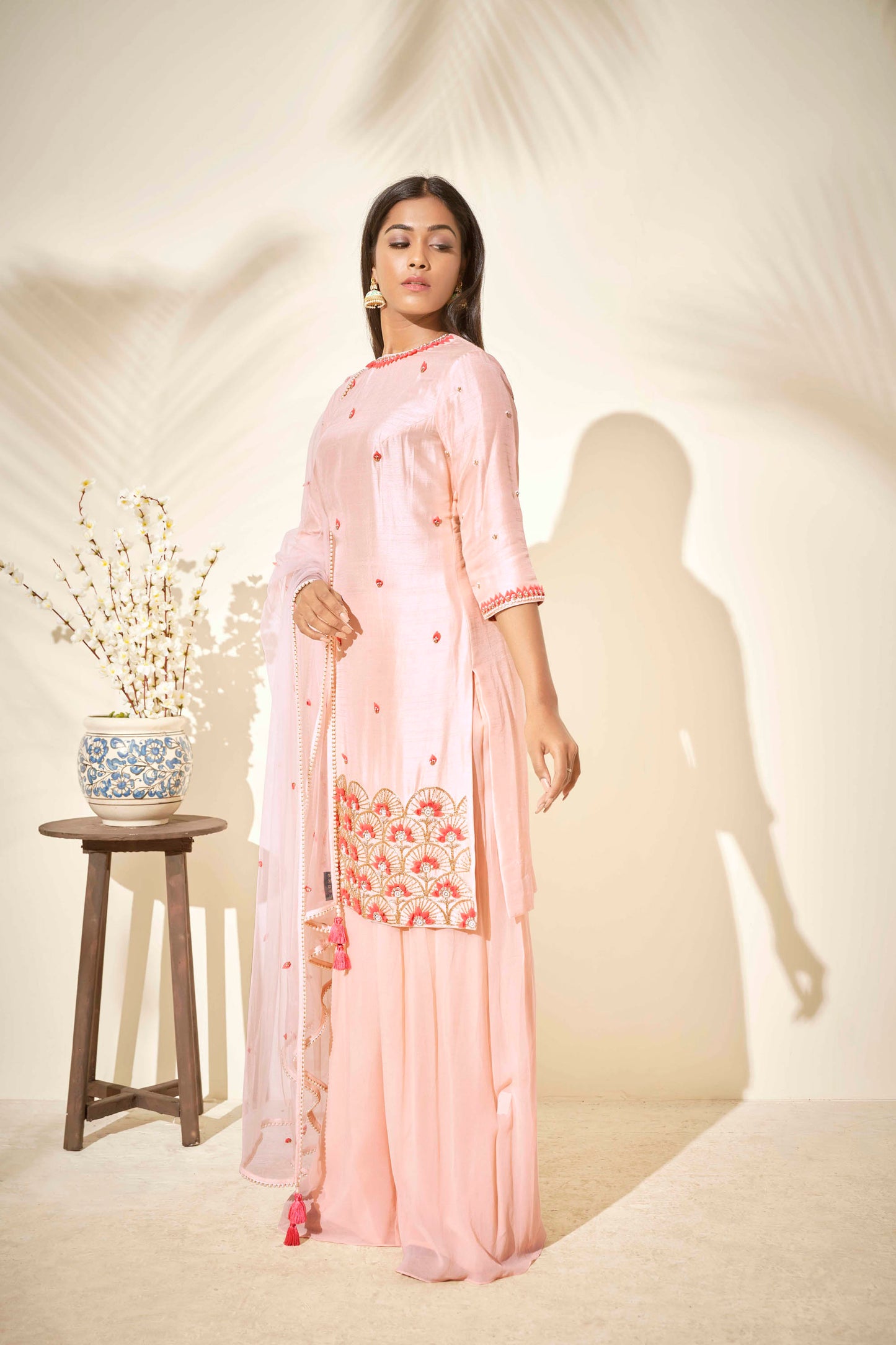 Peach Tussar Silk Flared Sharara Set