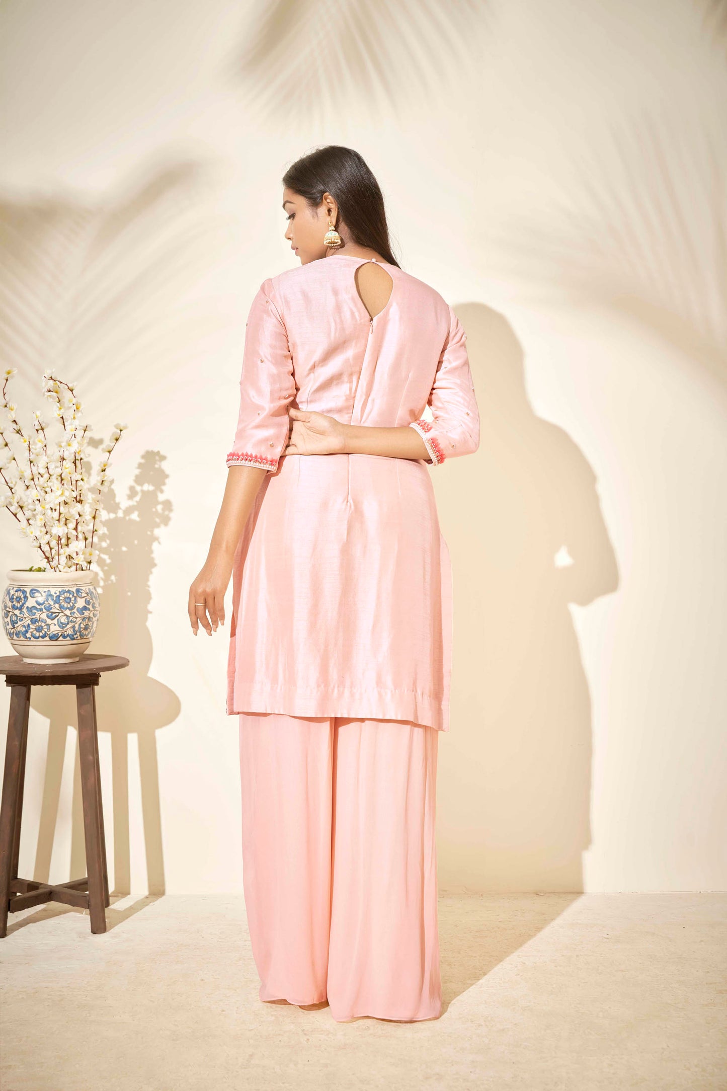 Peach Tussar Silk Flared Sharara Set