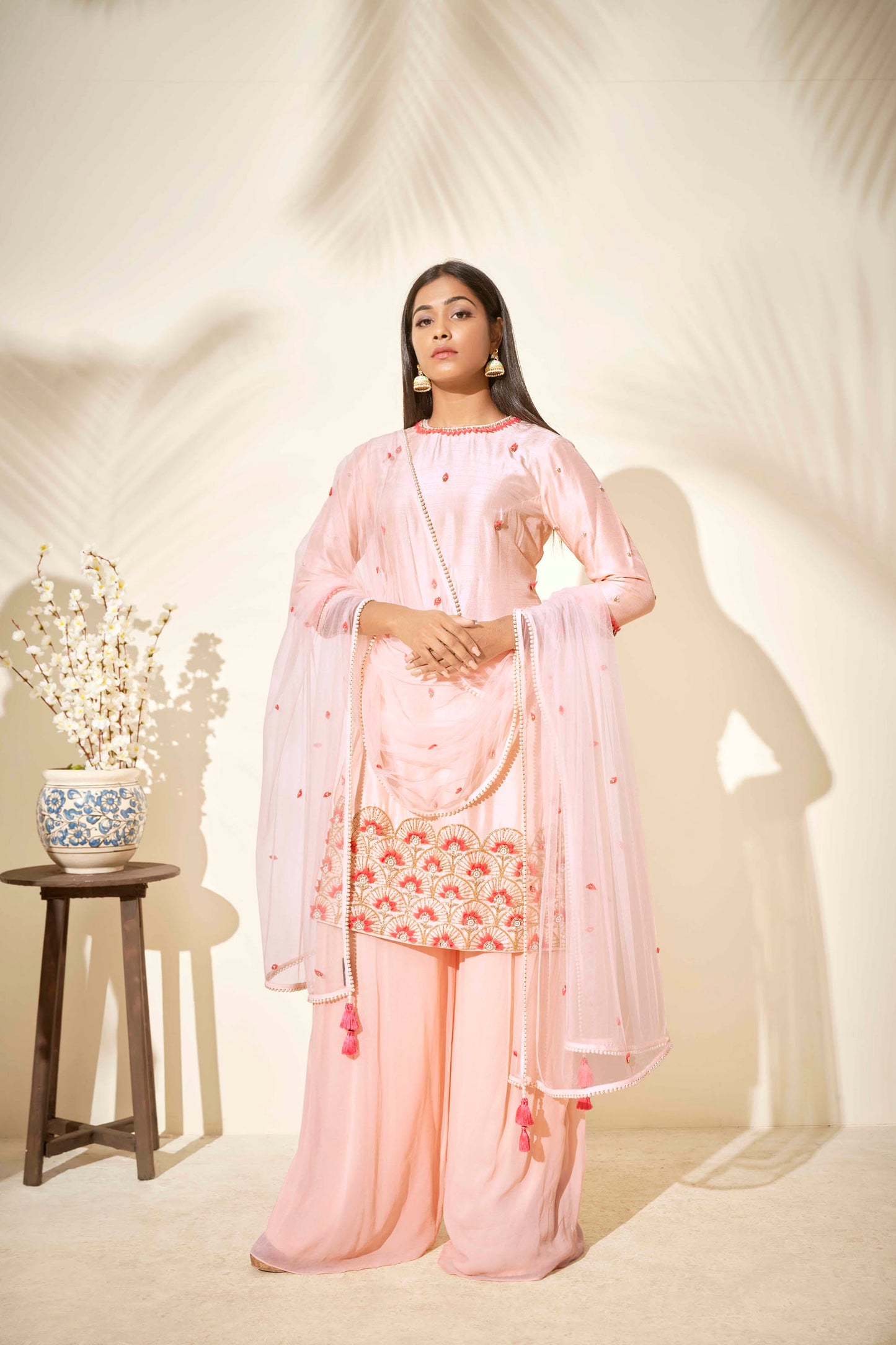 Peach Tussar Silk Flared Sharara Set