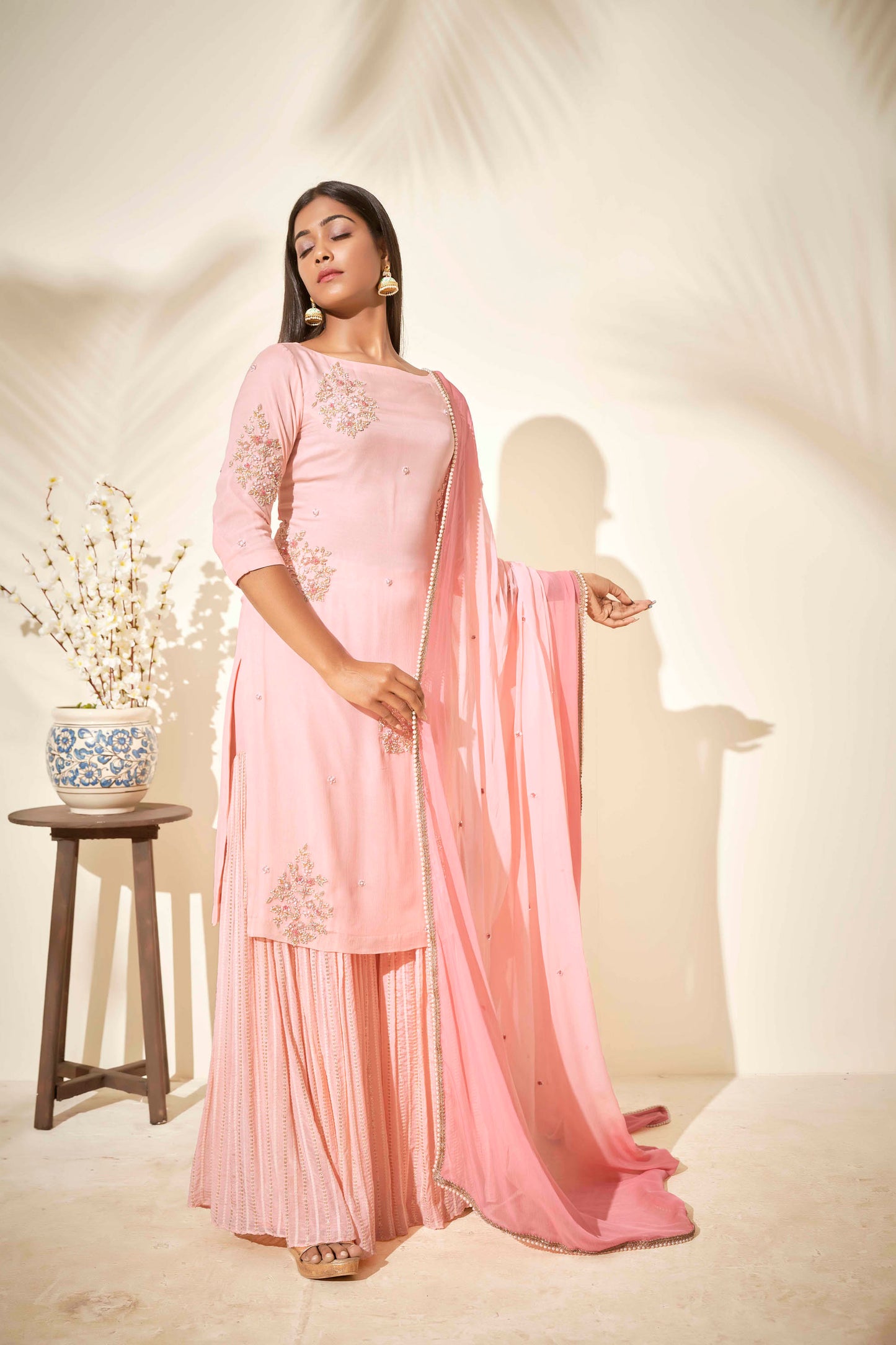 Pink Flared Sharara Set With Thread Work