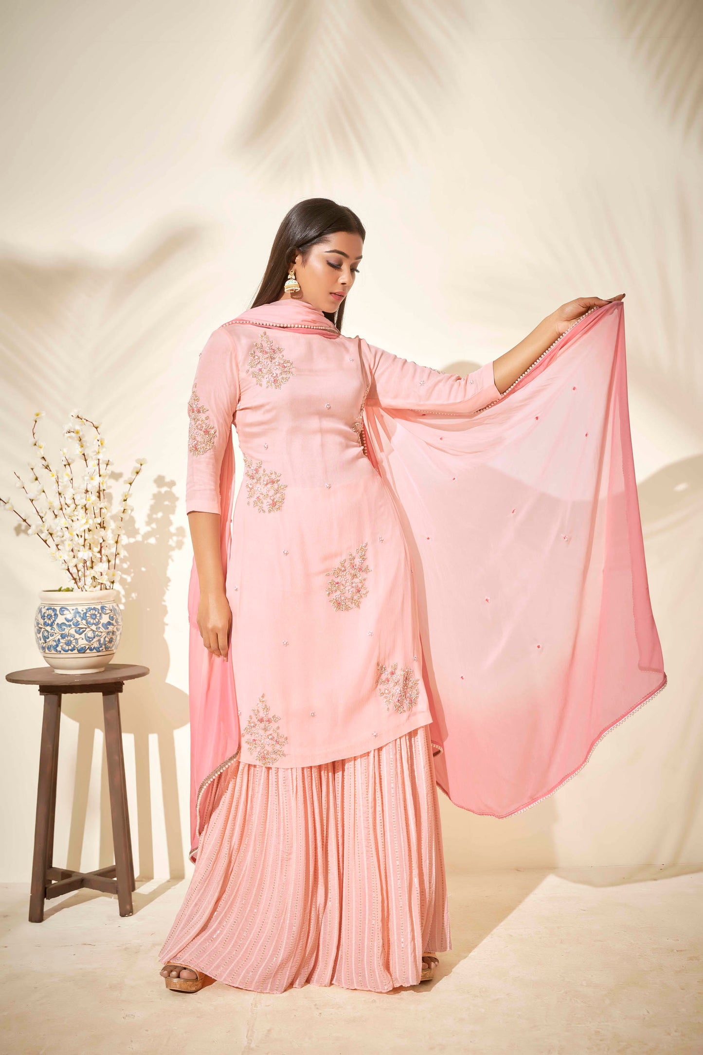 Pink Flared Sharara Set With Thread Work