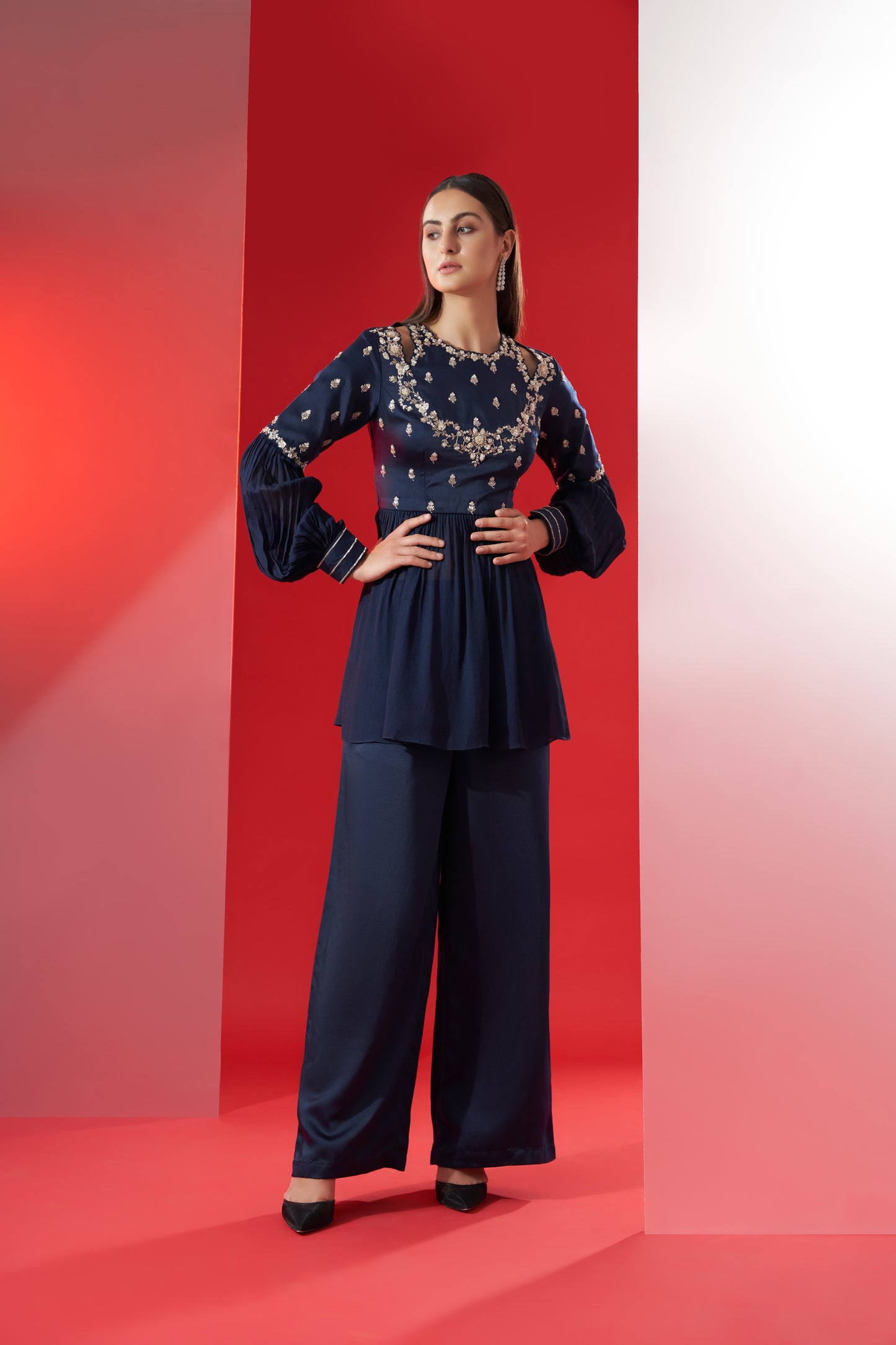 Navy Blue Satin Pant Set