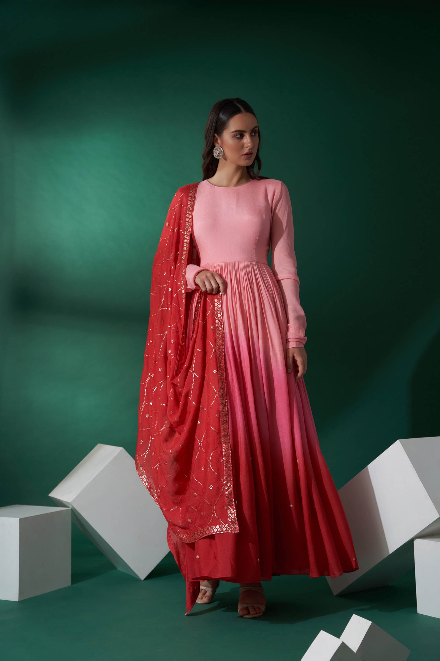 Blush Pink & Bright Red Embroidered Anarkali Set