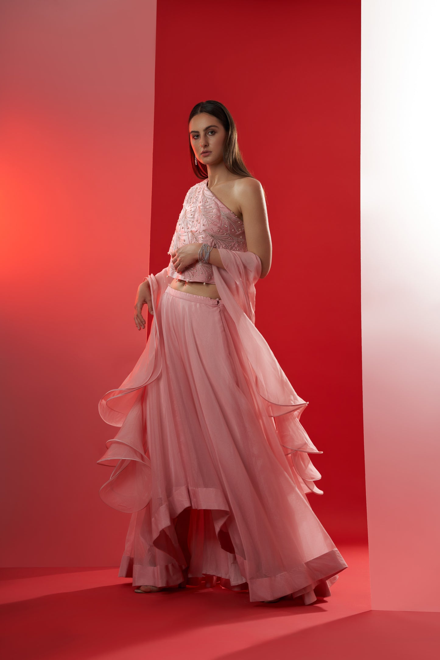 Pink One Shoulder Lehenga Set