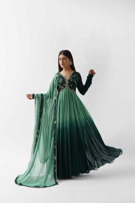 Green Ombre Embroidered Pleated Anarkali Set