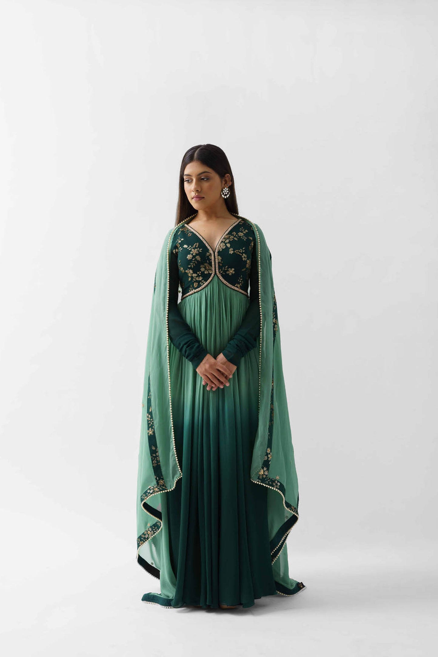 Green Ombre Embroidered Pleated Anarkali Set