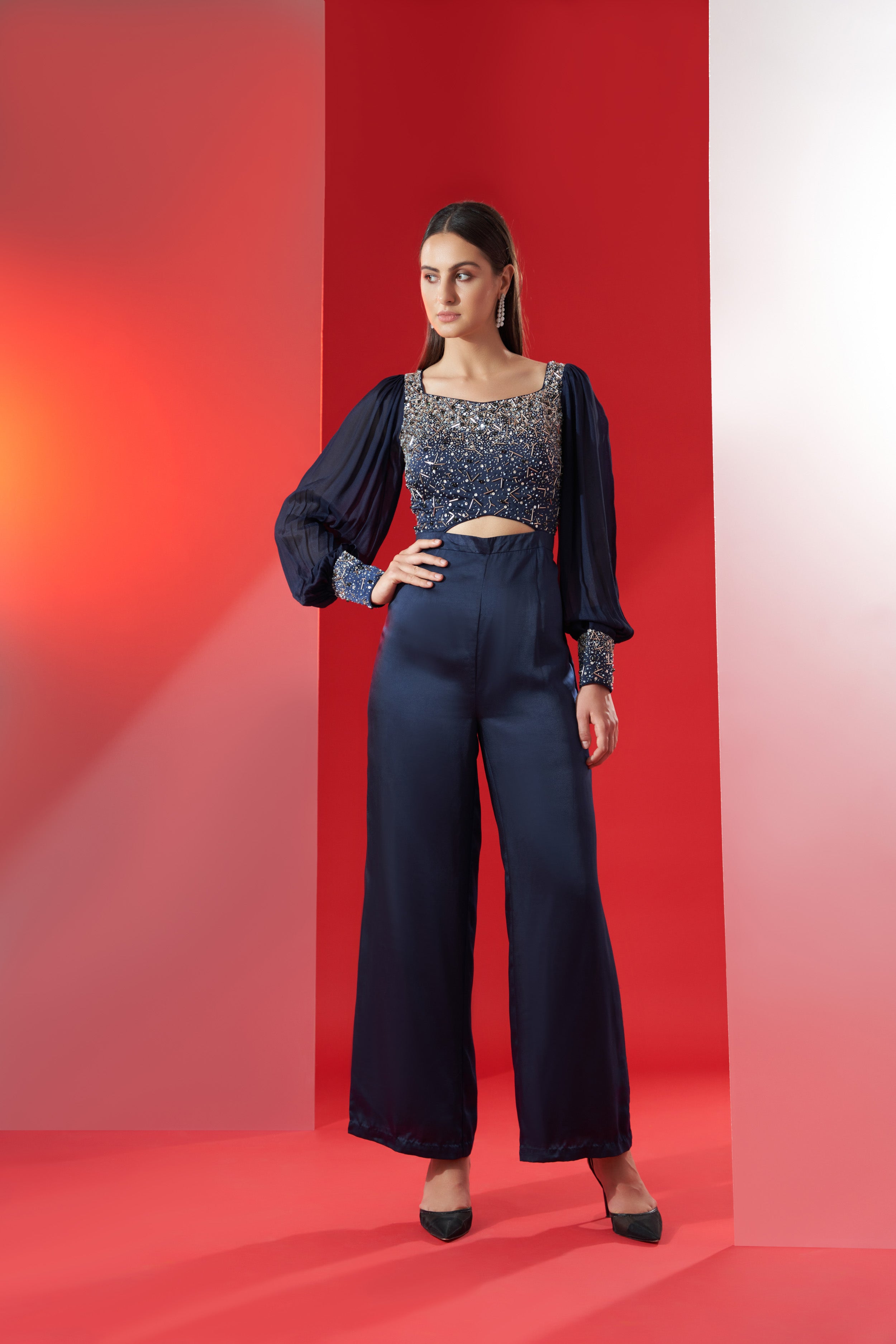 Navy Blue Hand Embroidered Jumpsuit