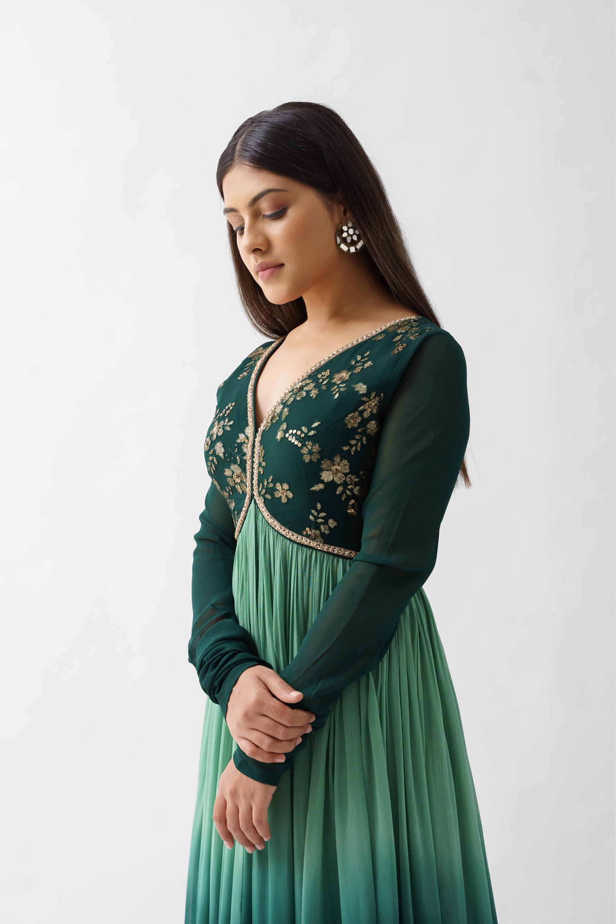 Green Ombre Embroidered Pleated Anarkali Set