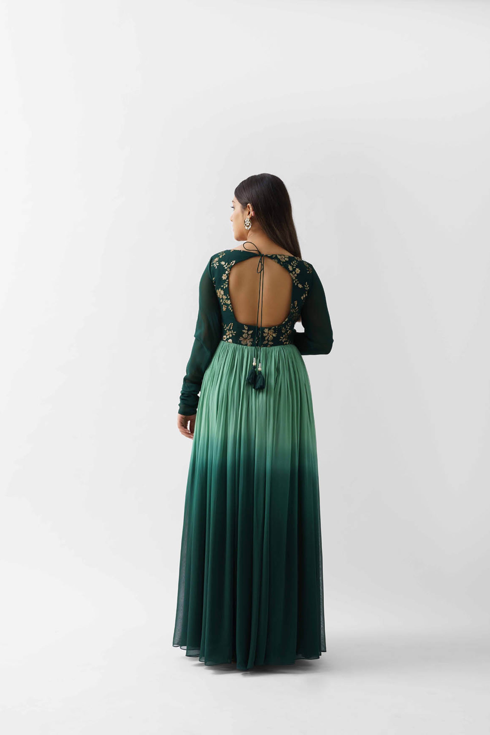 Green Ombre Embroidered Pleated Anarkali Set