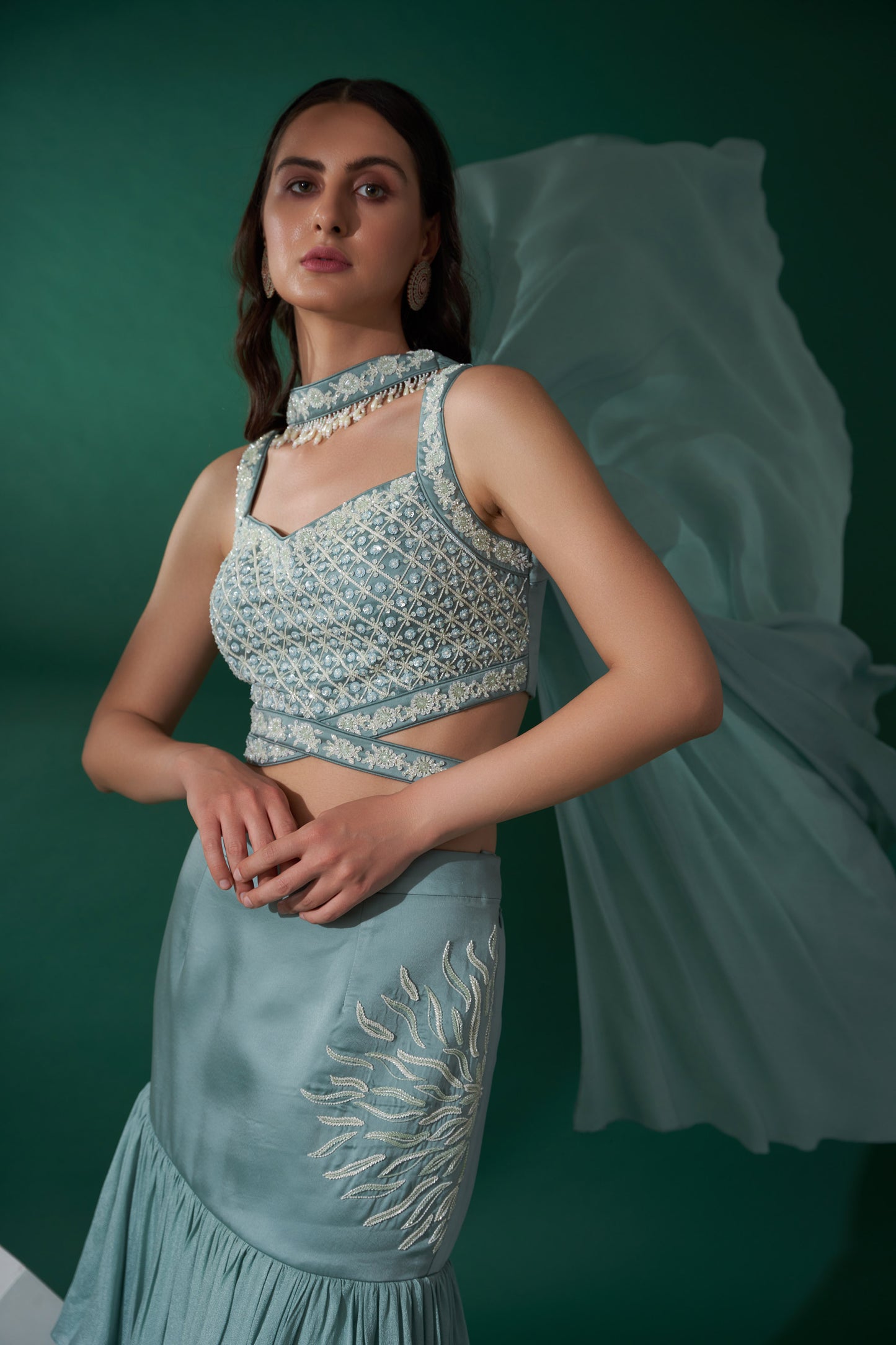 Sea Green Fish Cut Lehenga Set