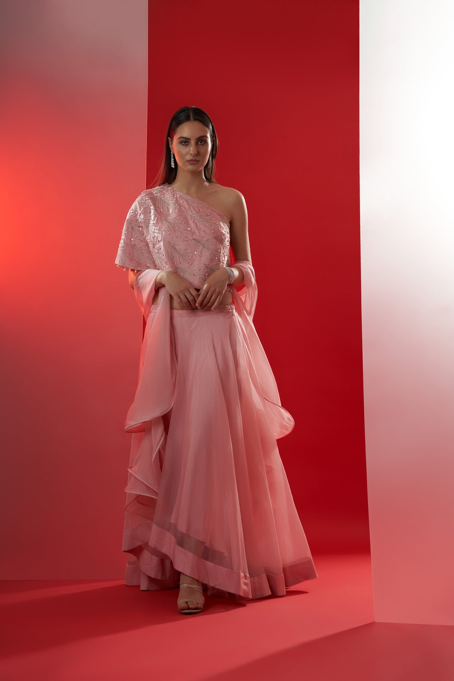 Pink One Shoulder Lehenga Set