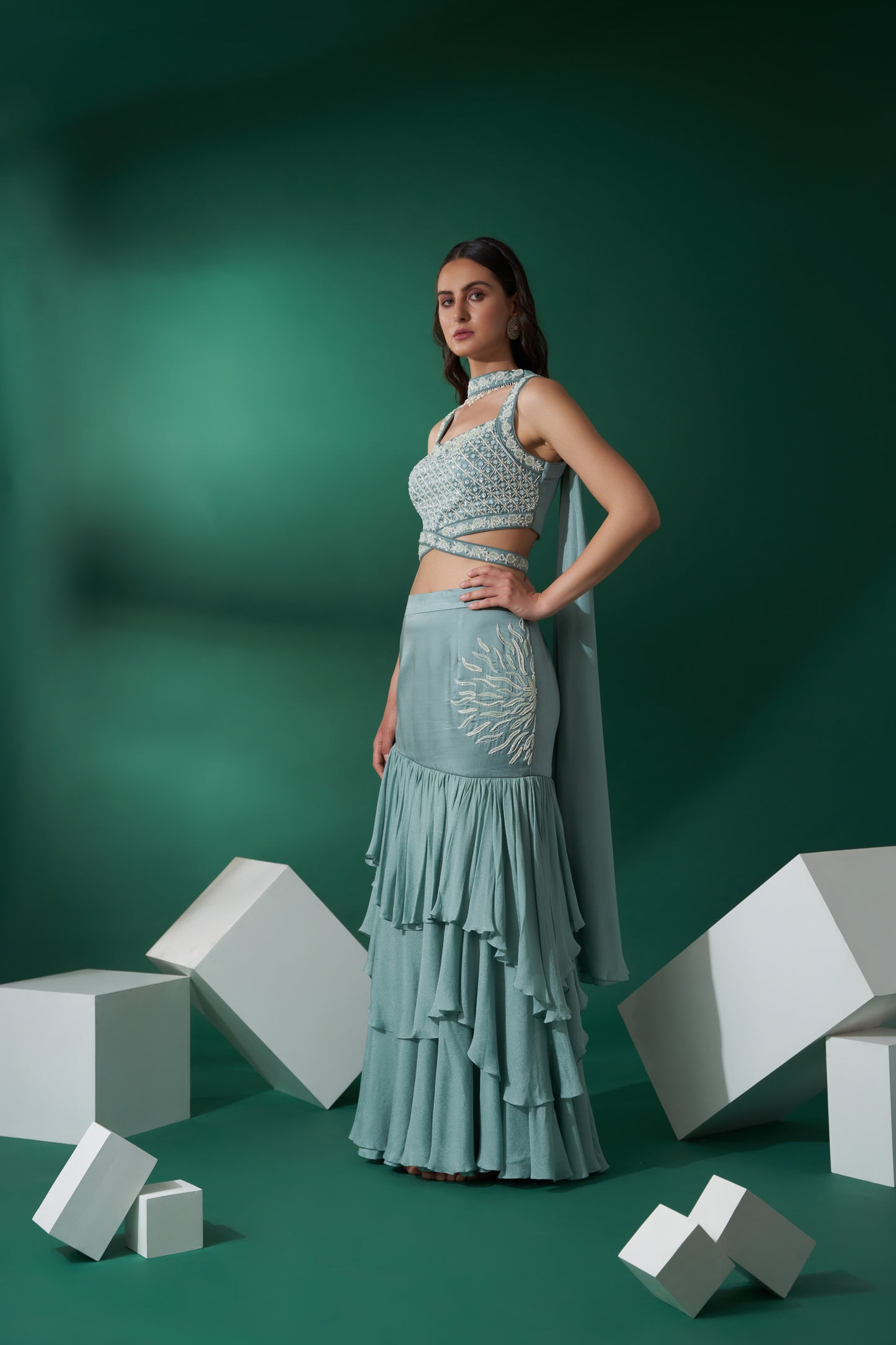 Sea Green Fish Cut Lehenga Set