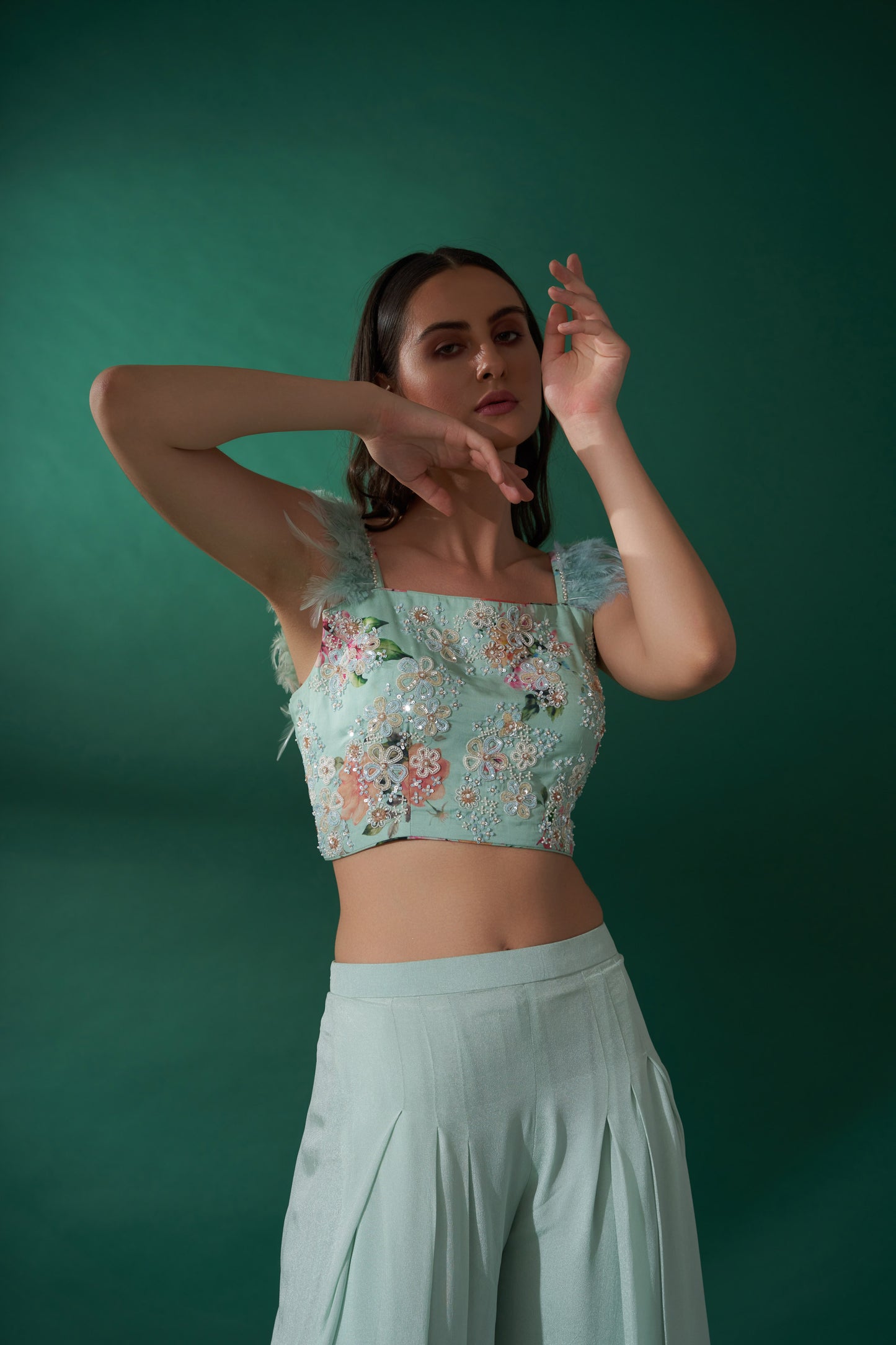 Sea Green Embroidered Pant Set