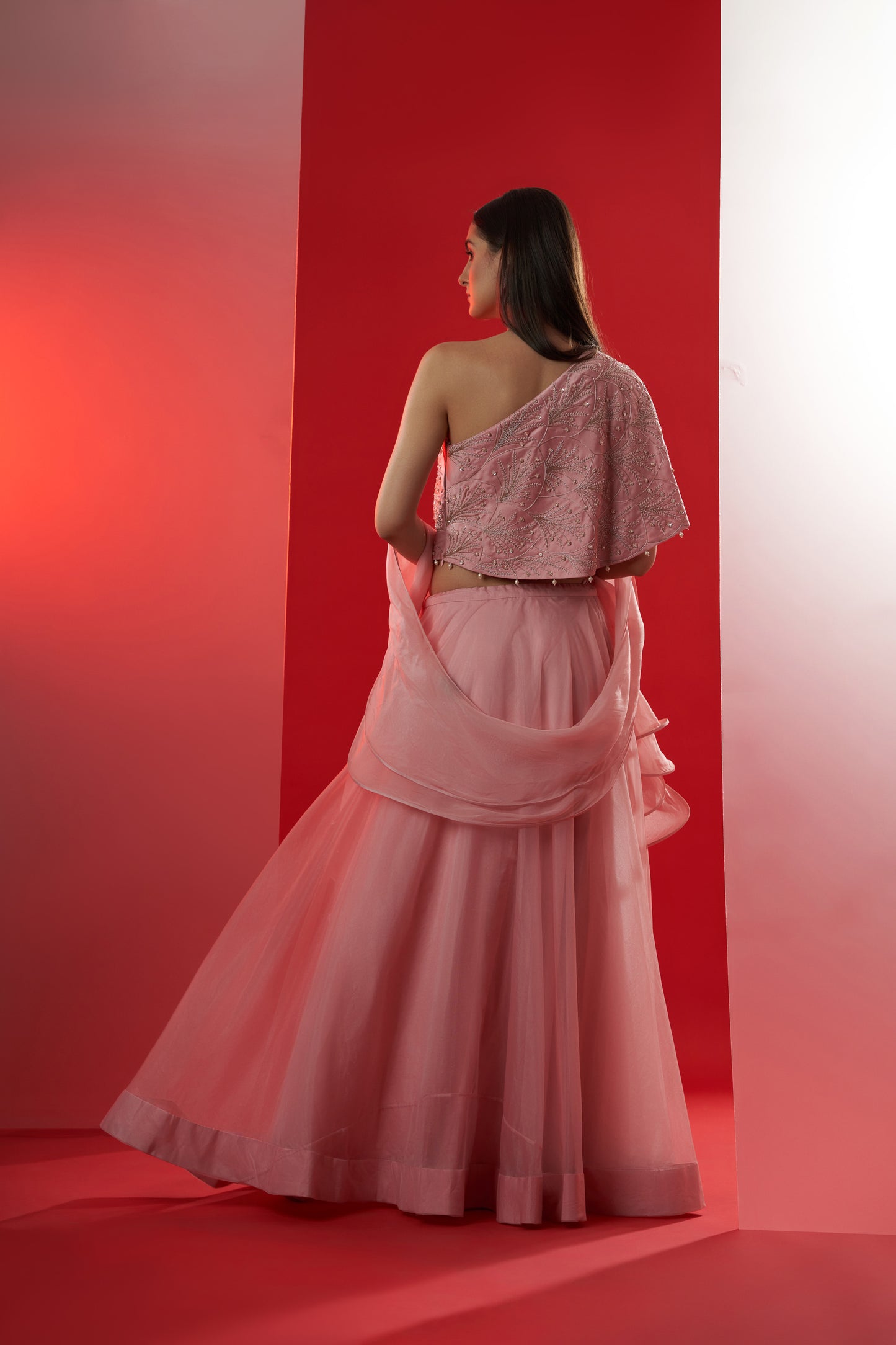 Pink One Shoulder Lehenga Set