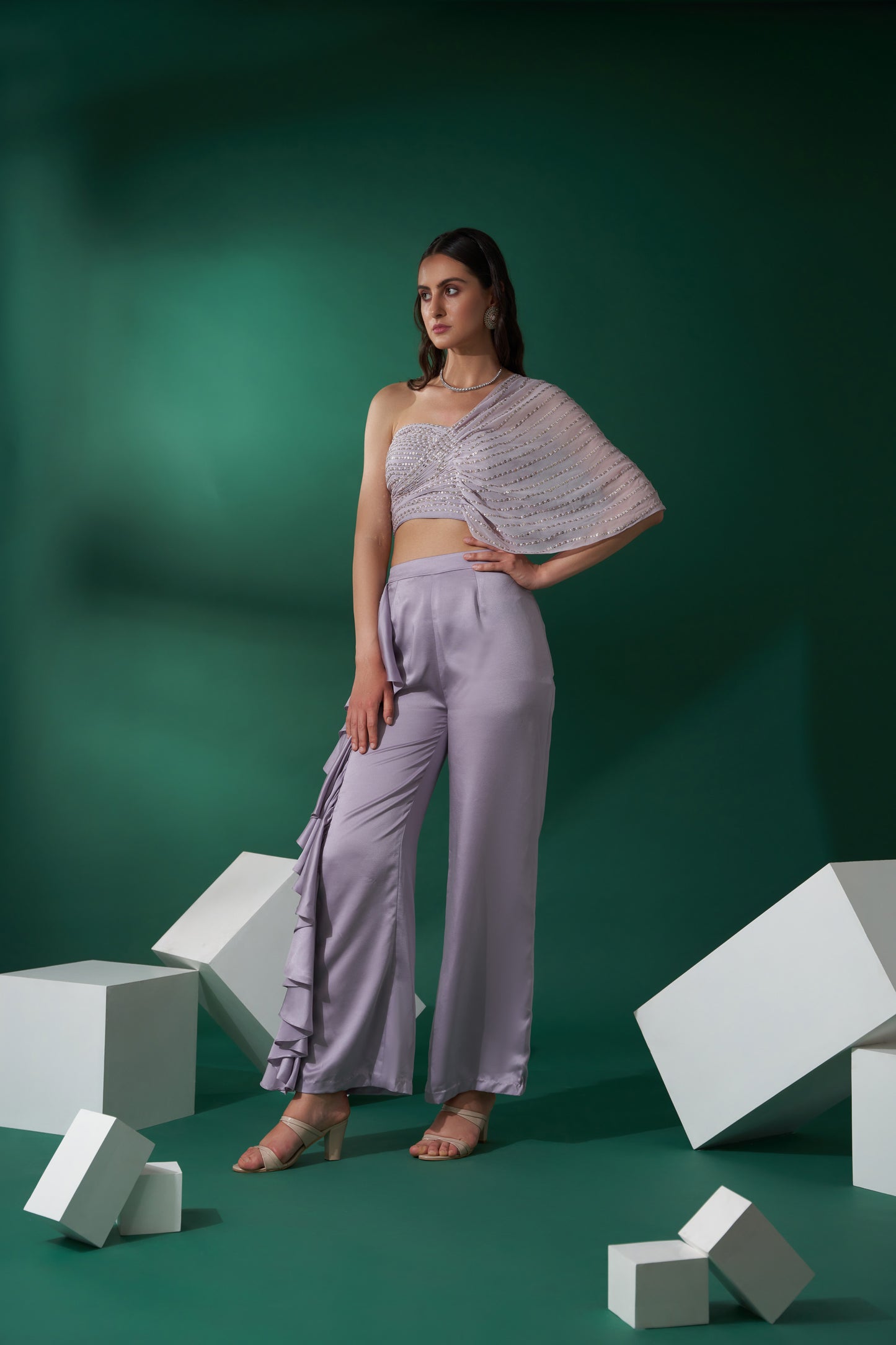 Lilac Georgette Crepe & Satin Ruffled Pant Set