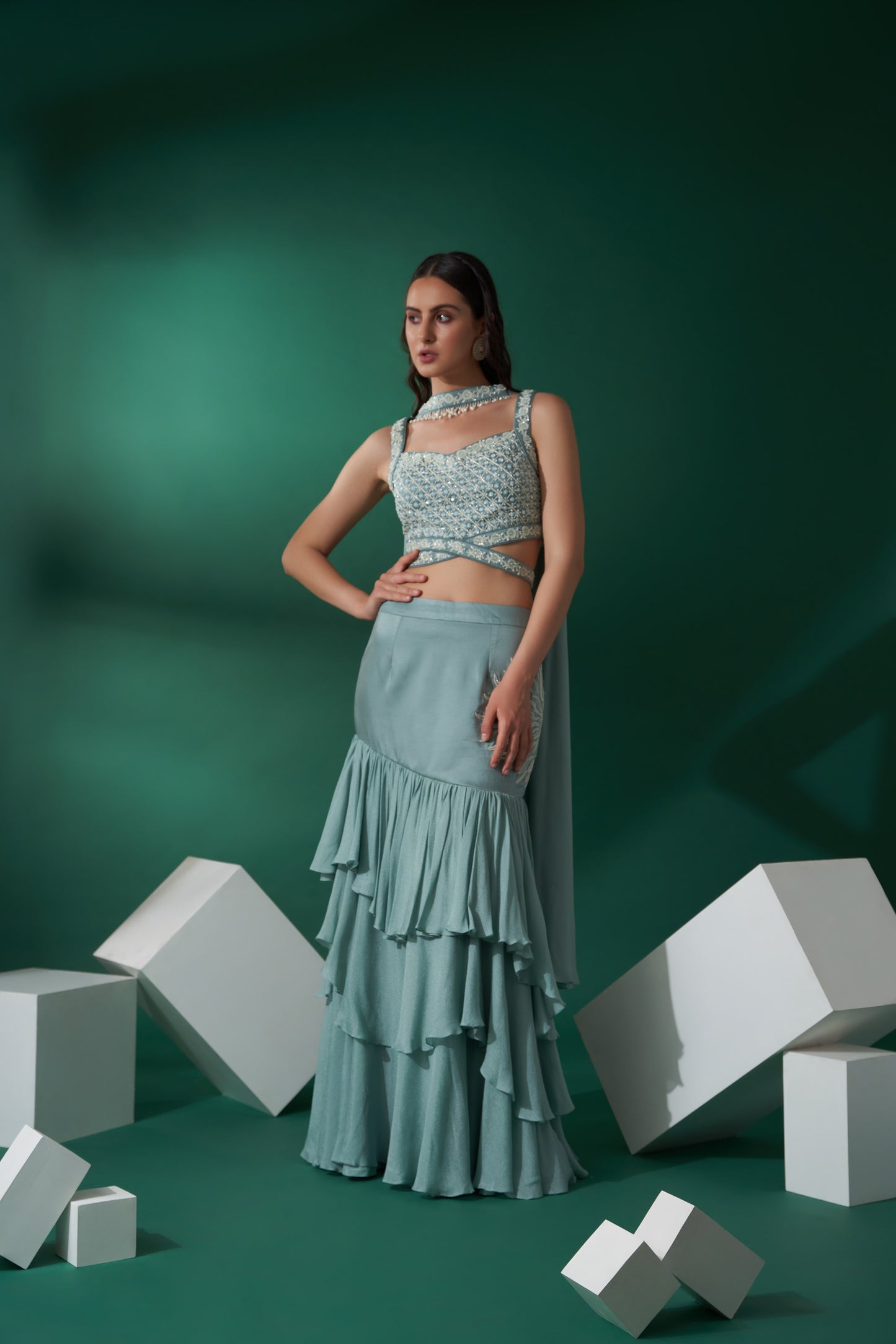 Sea Green Fish Cut Lehenga Set