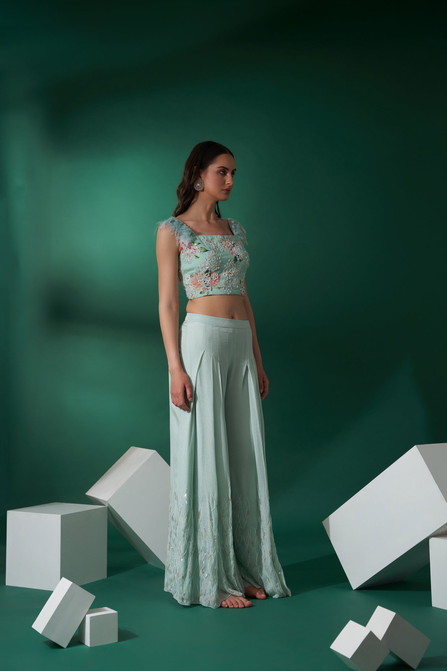 Sea Green Embroidered Pant Set