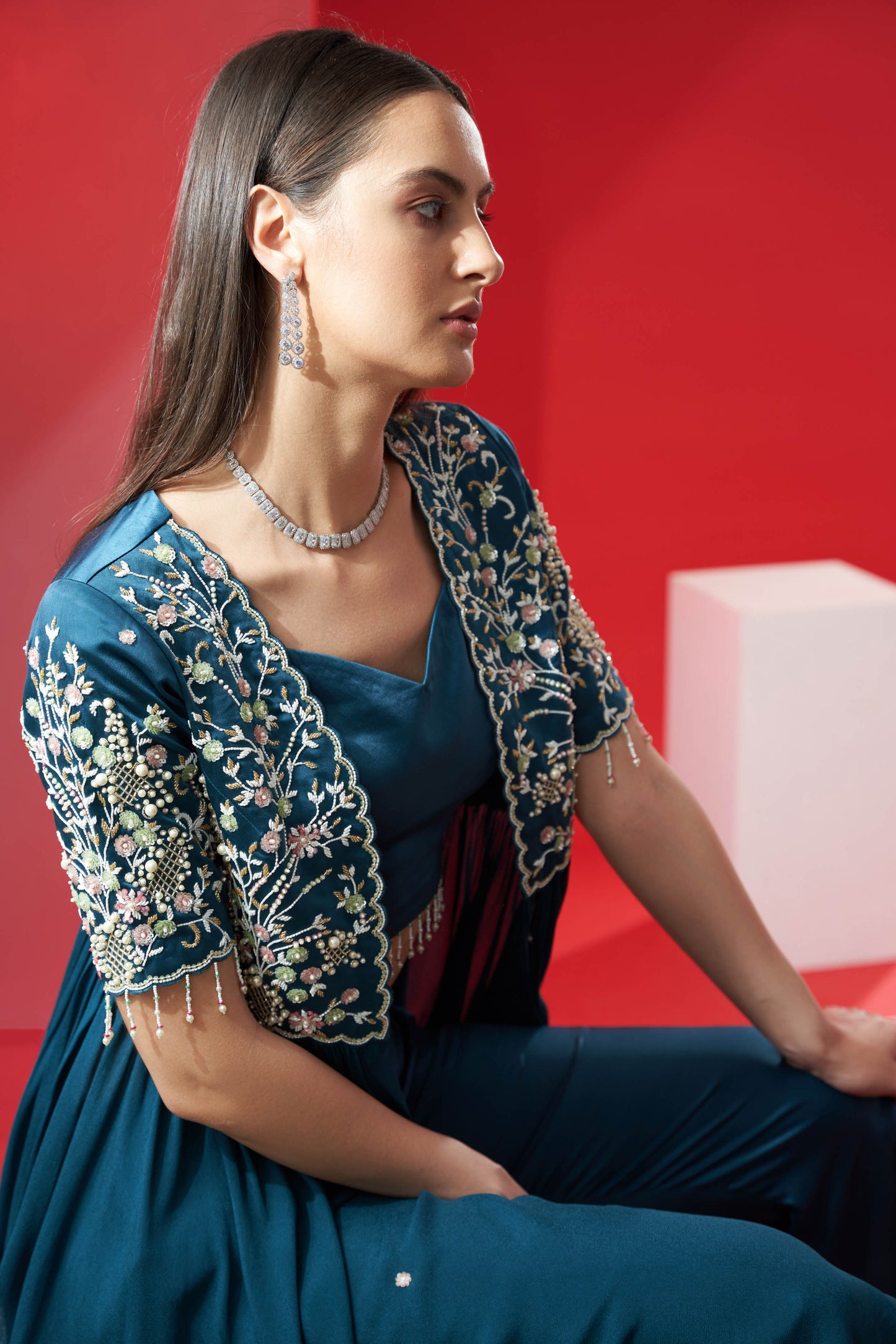 Teal Green Embroidered Jacket Set