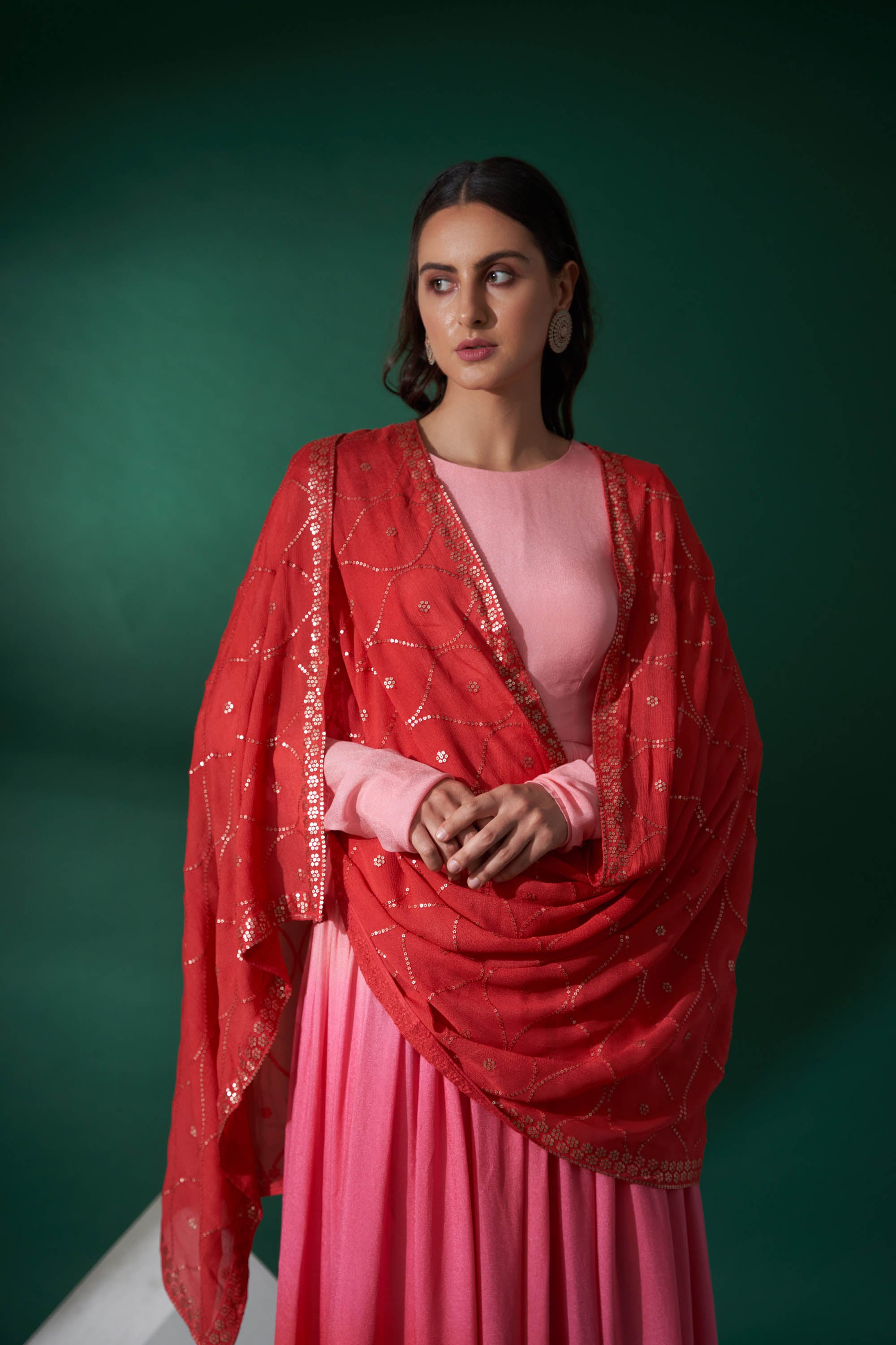 Blush Pink & Bright Red Embroidered Anarkali Set