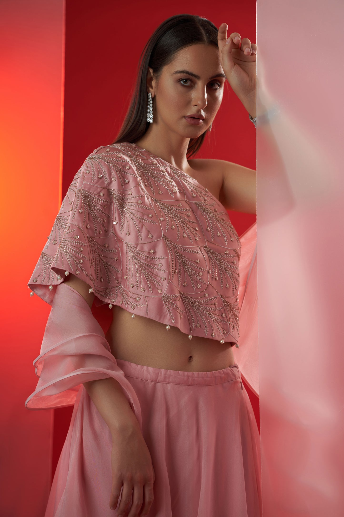 Pink One Shoulder Lehenga Set