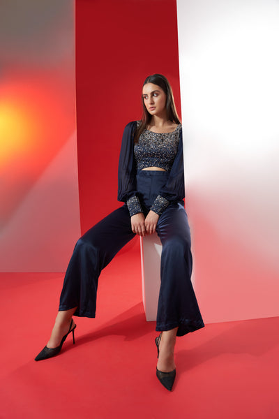 Navy Blue Hand Embroidered Jumpsuit