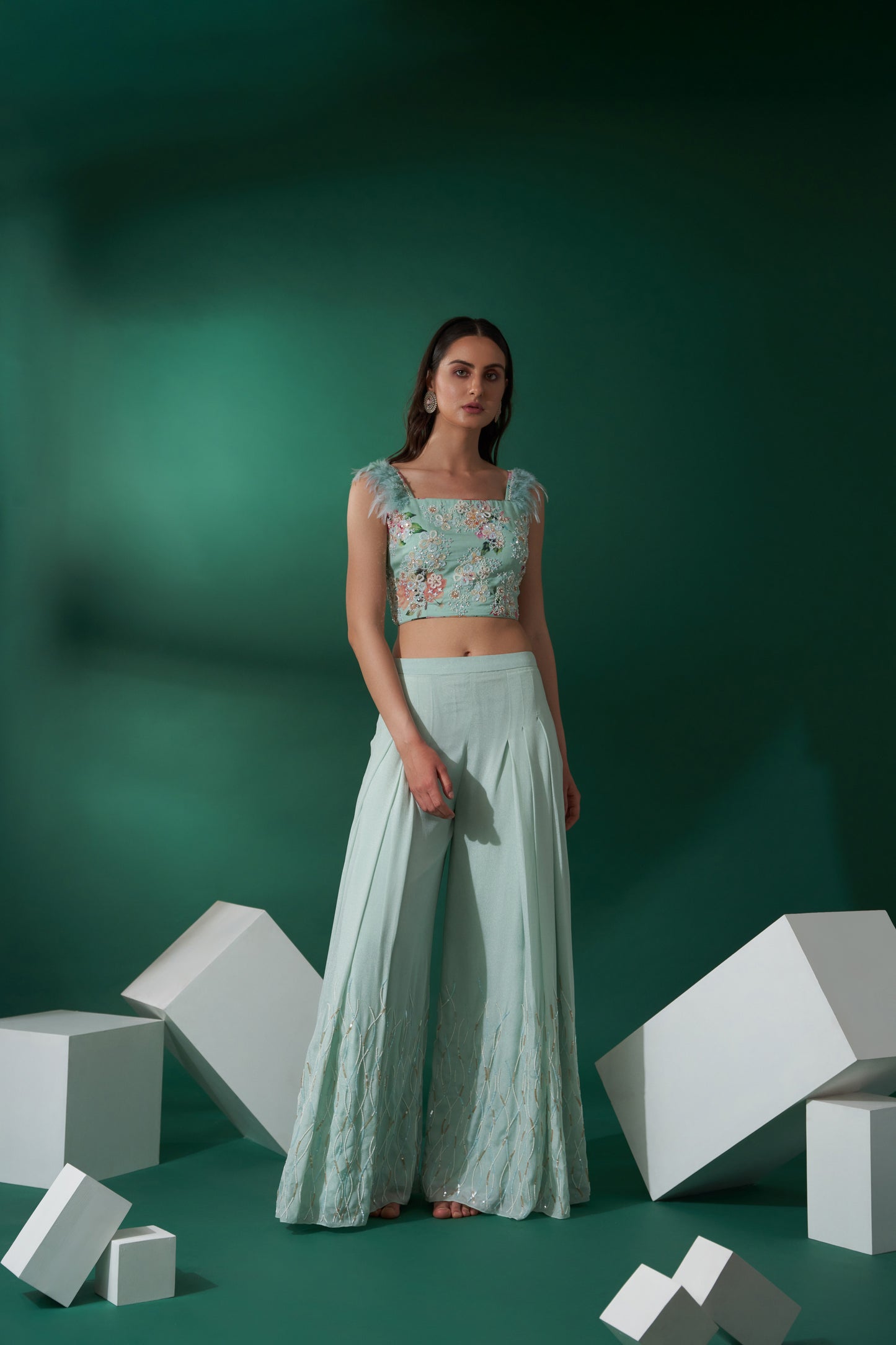 Sea Green Embroidered Pant Set