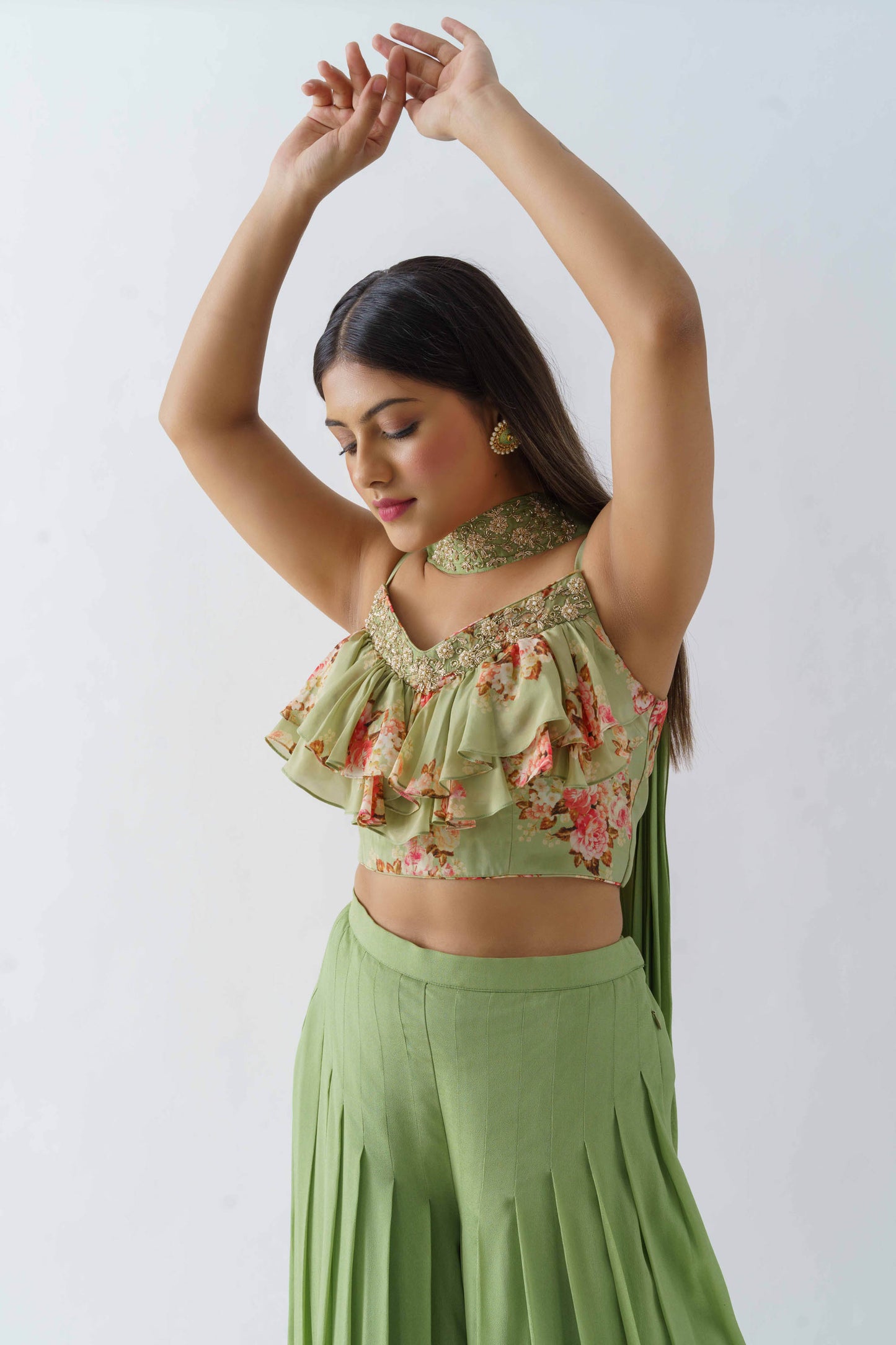 Green Pant Set In Georgette Crepe