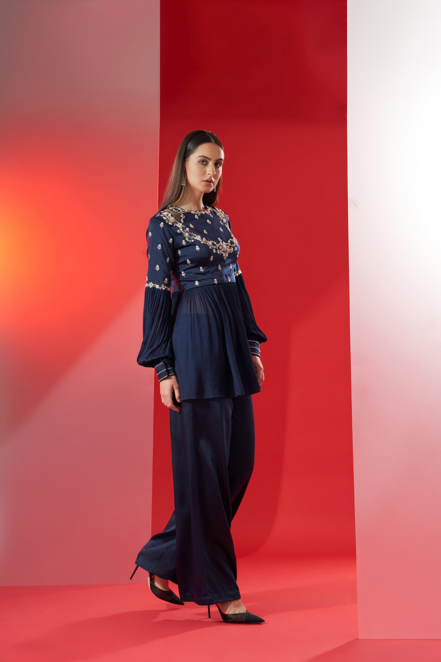 Navy Blue Satin Pant Set