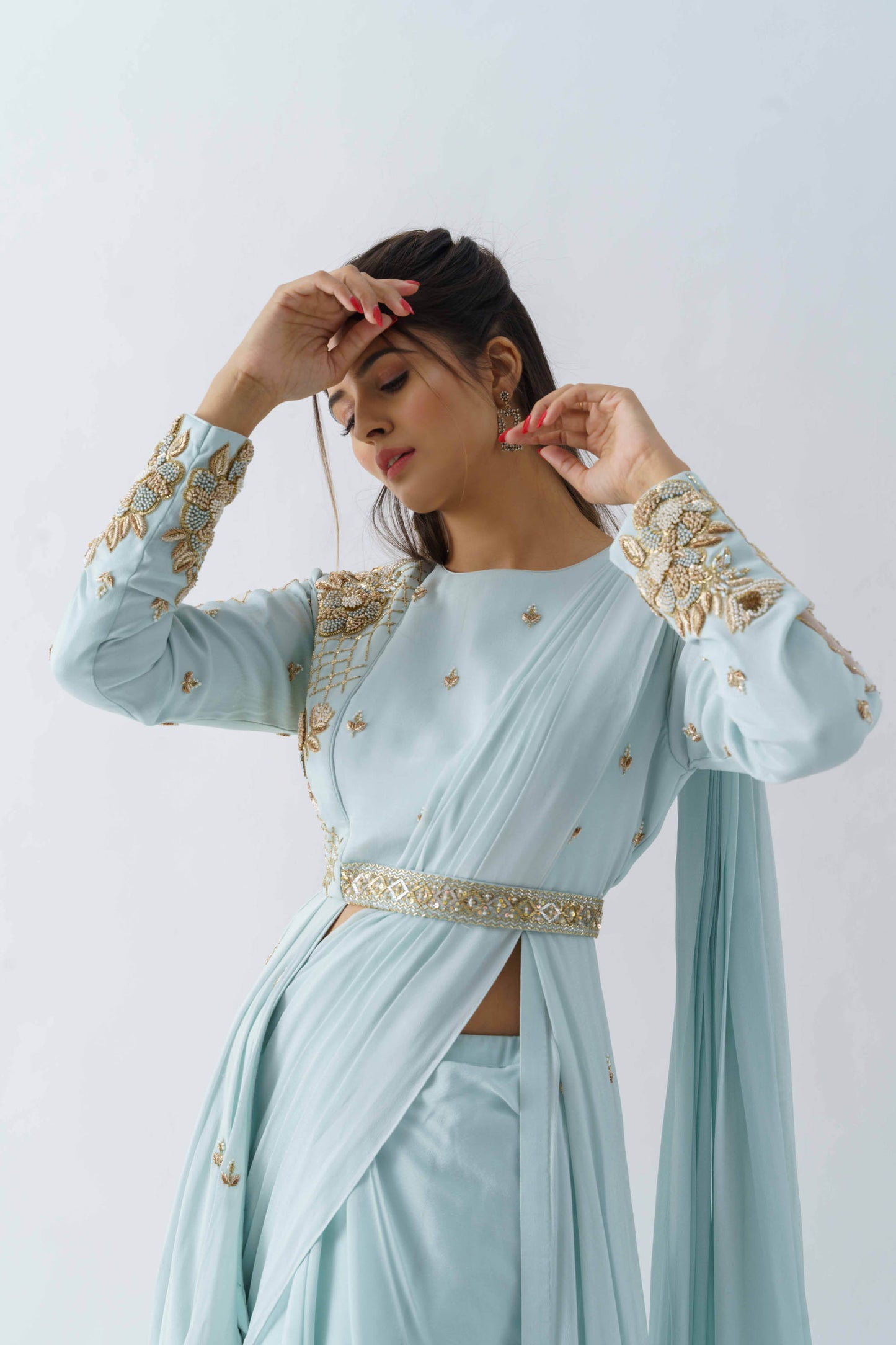 light Blue Pre-Draped Saree Set