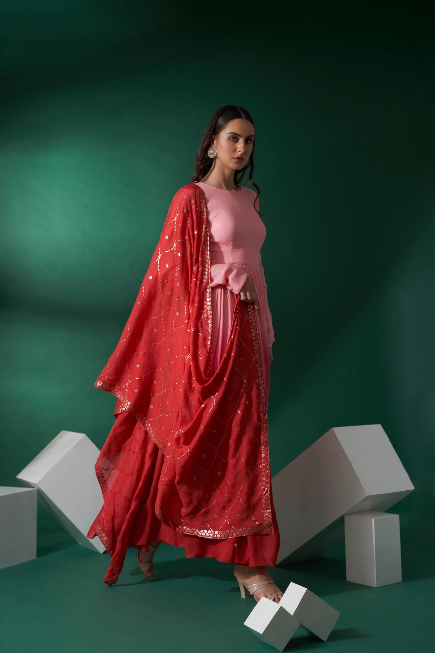 Blush Pink & Bright Red Embroidered Anarkali Set