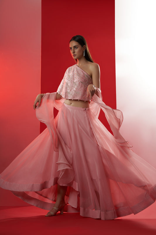 Pink One Shoulder Lehenga Set