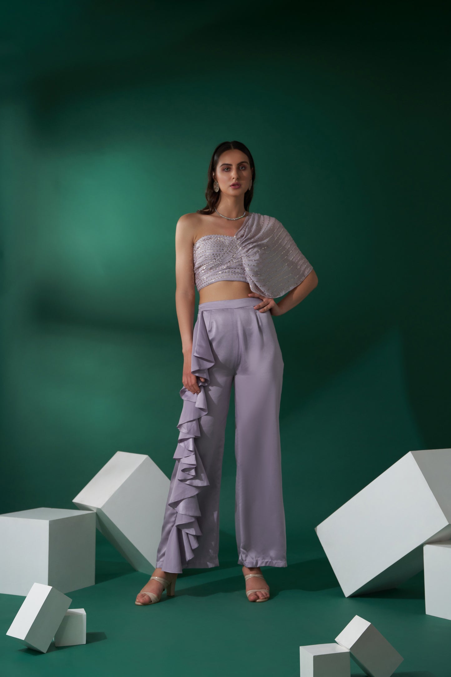 Lilac Georgette Crepe & Satin Ruffled Pant Set