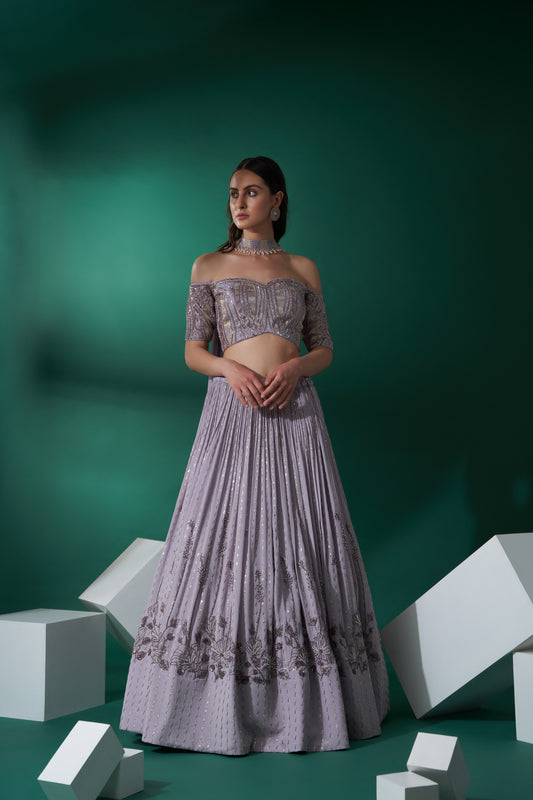 Lilac Off Shoulder Blouse Lehenga Set