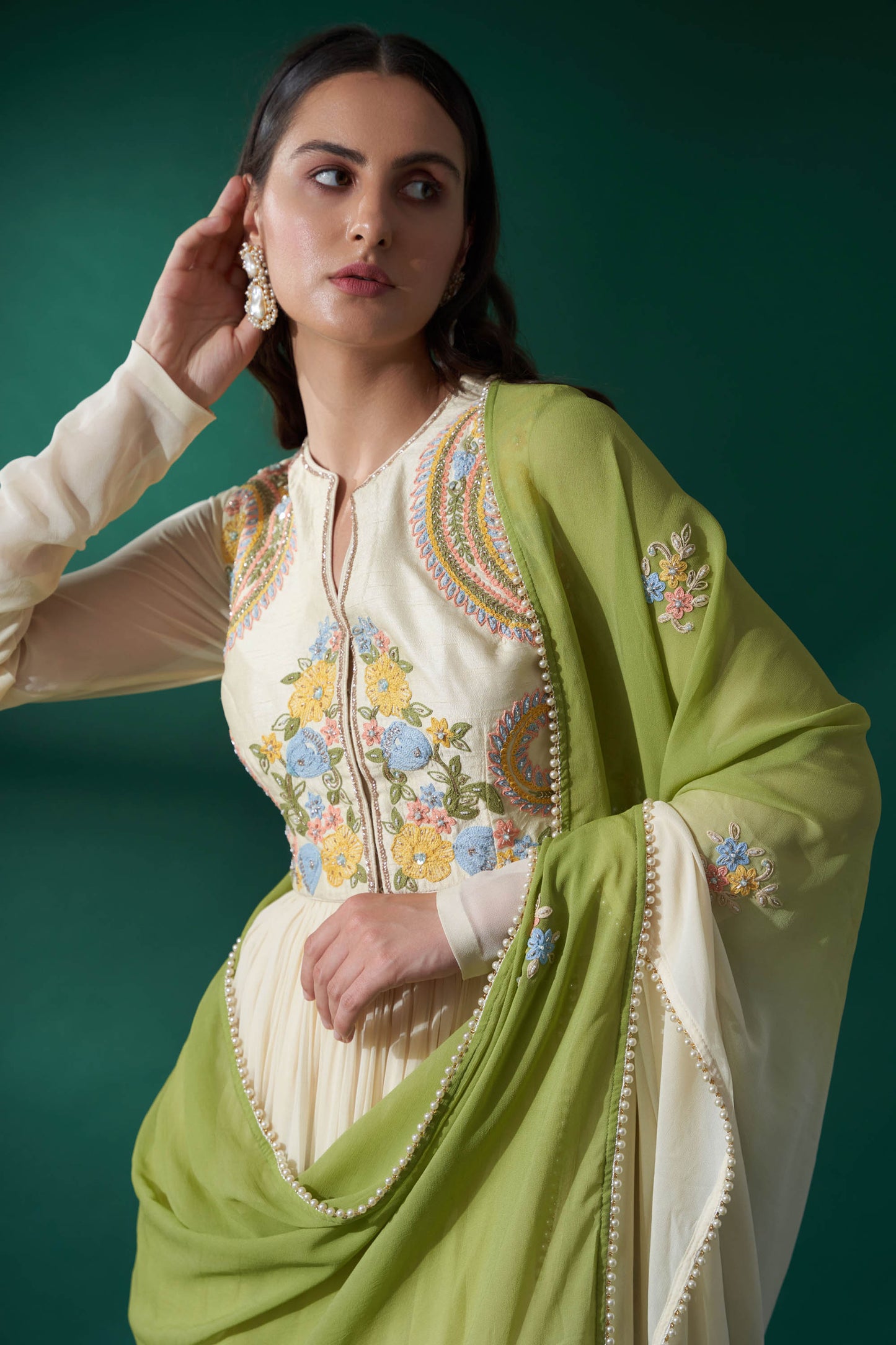 Cream Tussar Silk & Georgette Anarkali Set