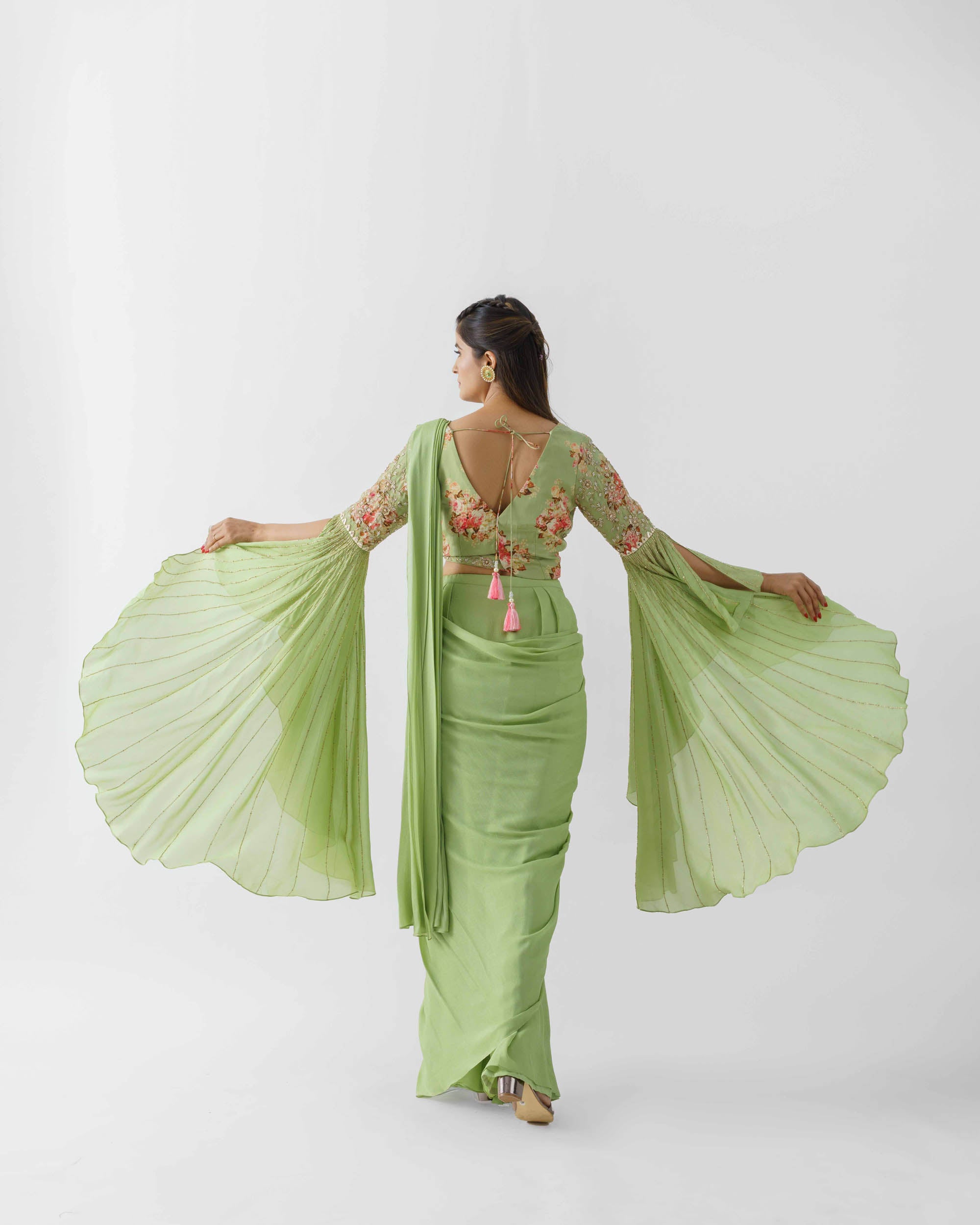 Green Hand Embroidered Pre-Draped Saree Set