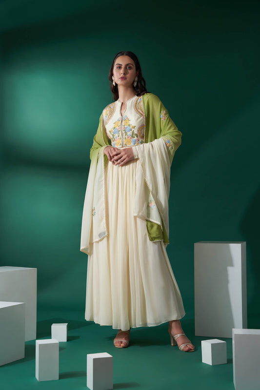 Cream Tussar Silk & Georgette Anarkali Set