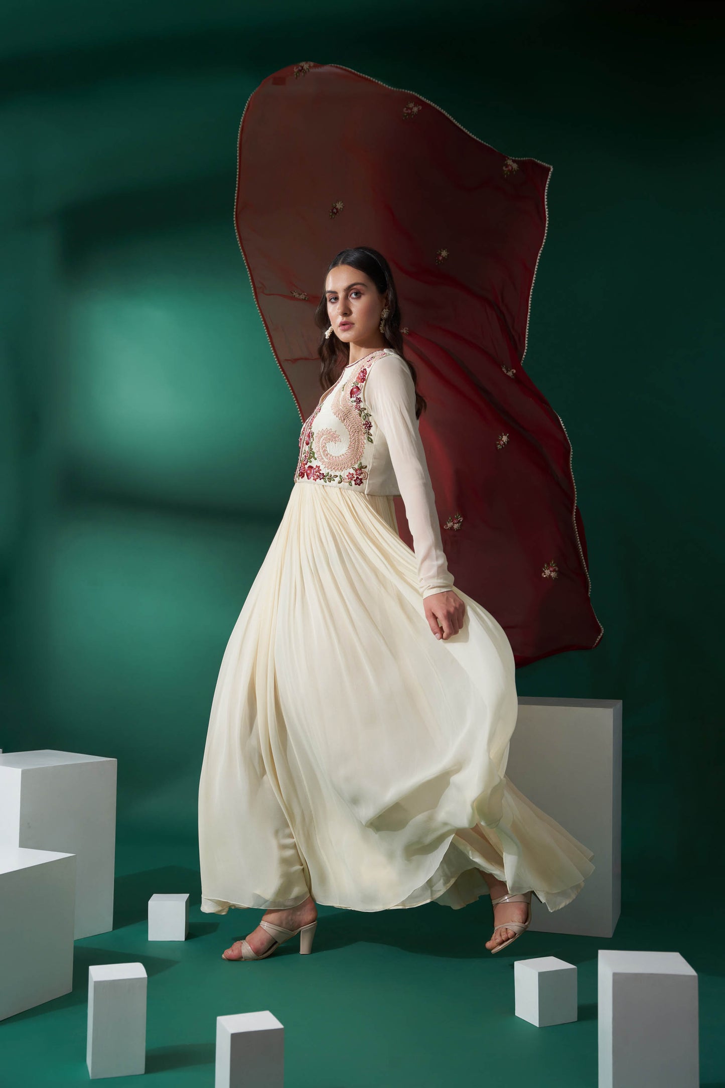 Cream Georgette & Tussar Silk Anarkali Set