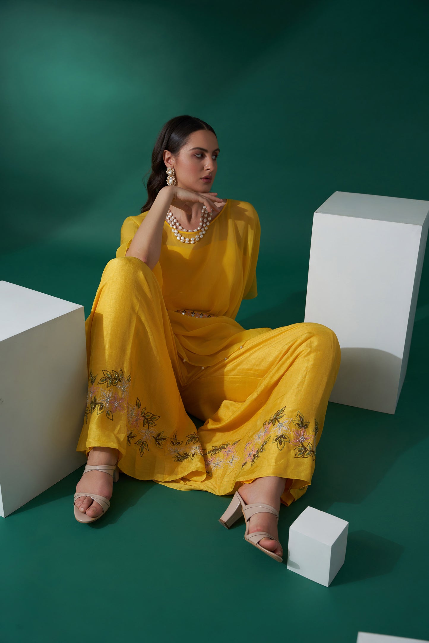 Yellow Organza Embroidered Kaftan Set