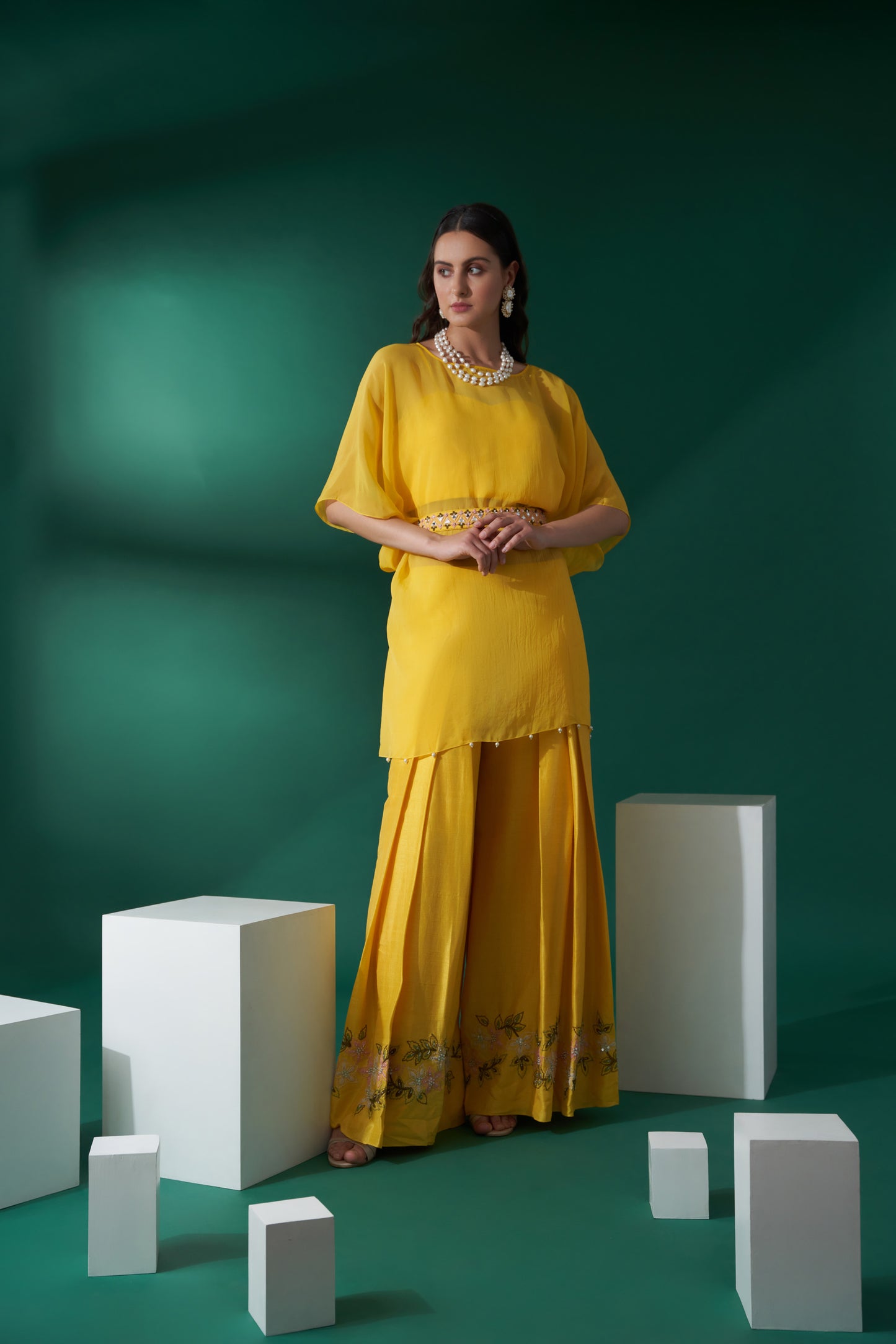 Yellow Organza Embroidered Kaftan Set